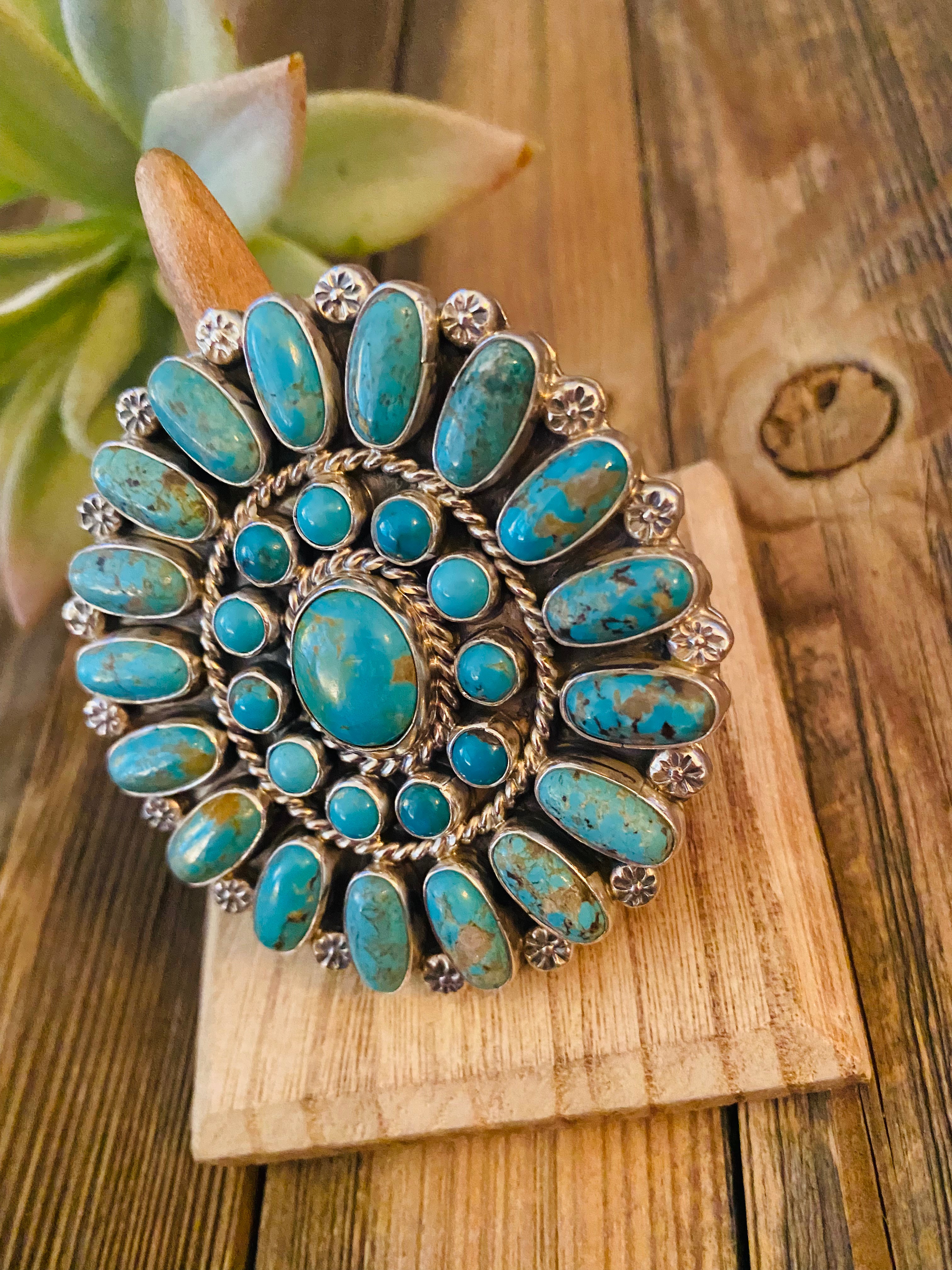 Handcrafted Kingman Turquoise & Sterling Silver Adjustable Cluster Ring