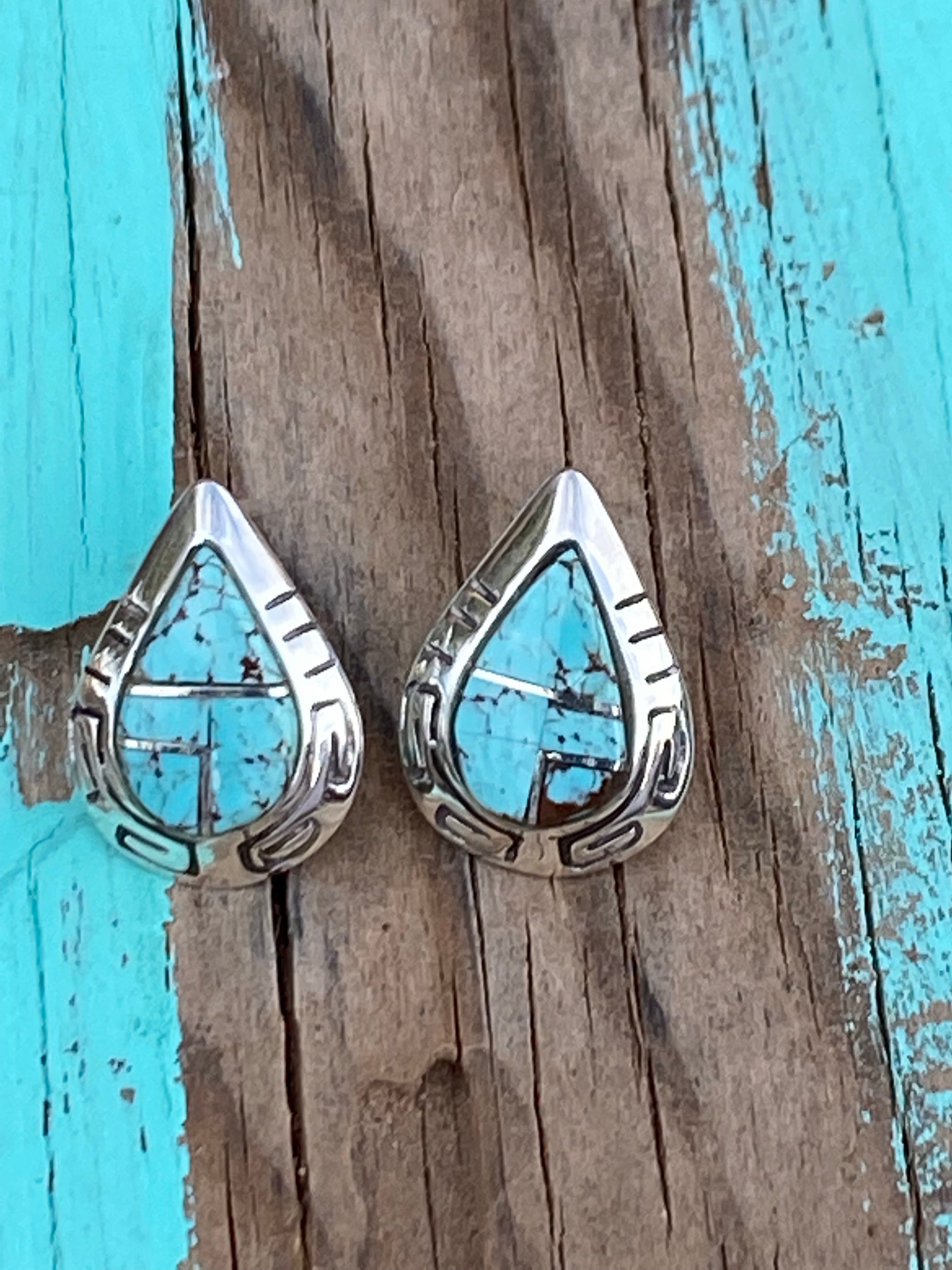 Handcrafted Turquoise 8 & Sterling Silver Tear Drop Stud Earrings