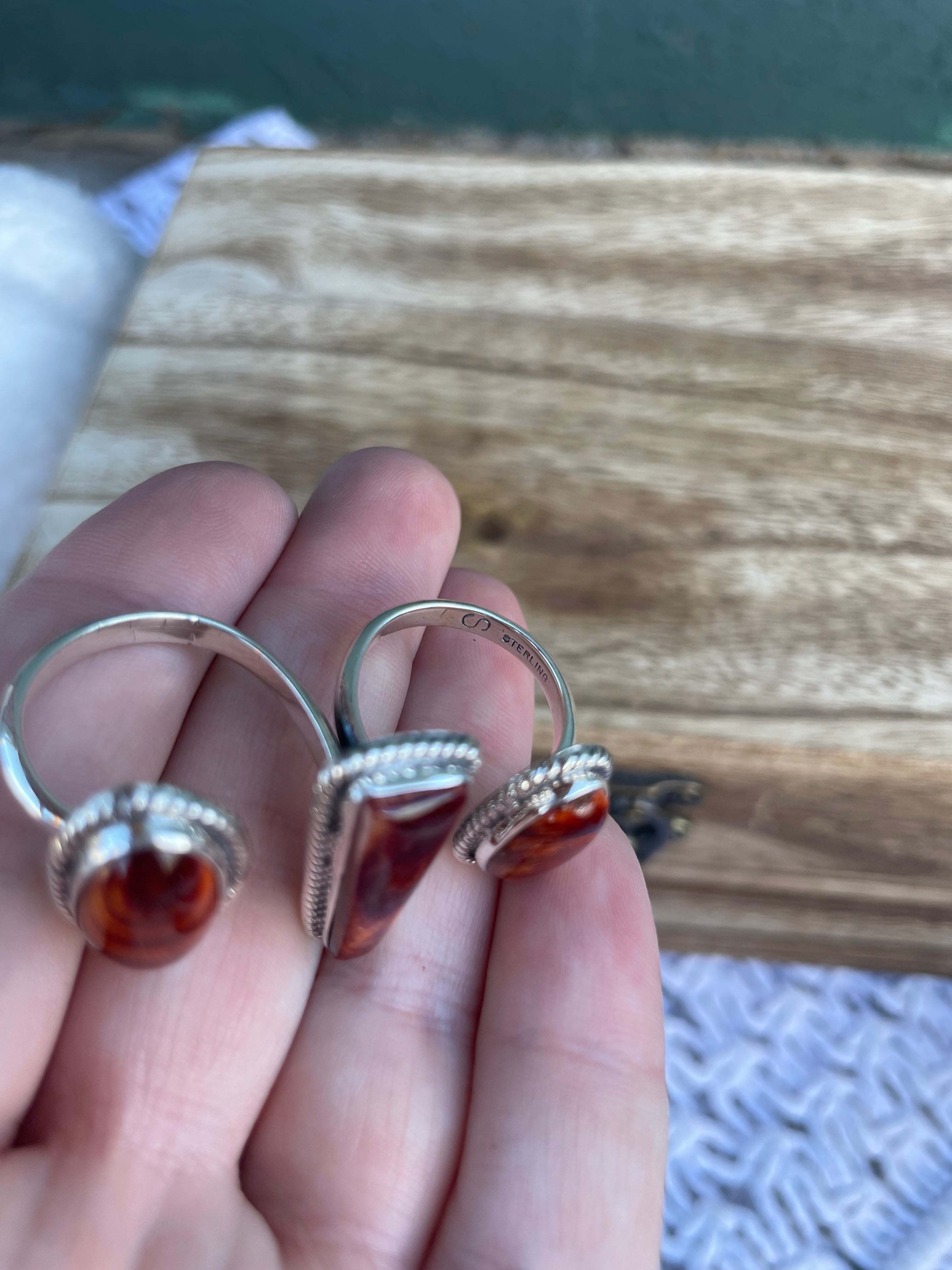 Handcrafted Sterling Silver And Dark Orange Spiny Adjustable Triple Threat Knuckler Ring