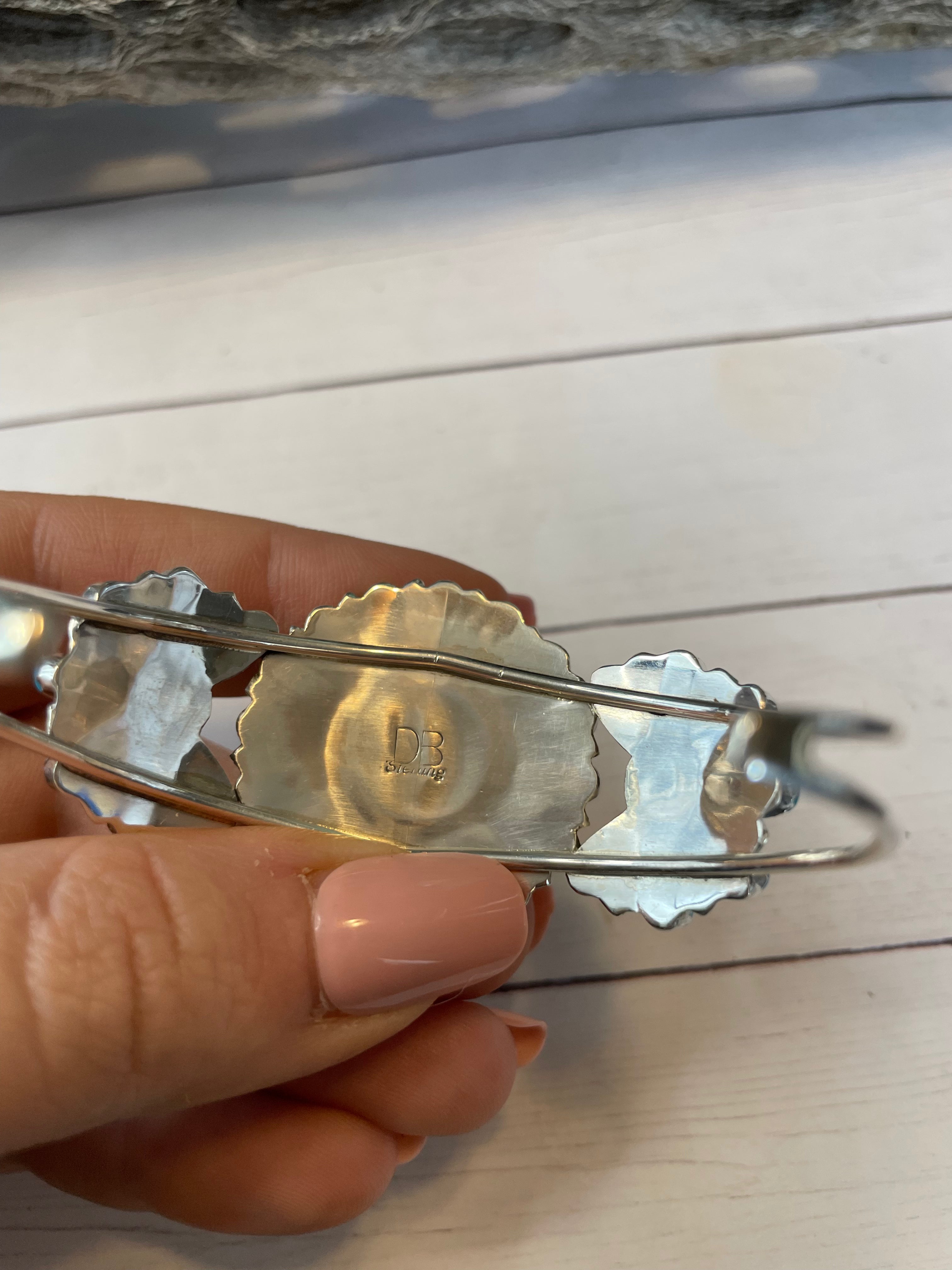 Handcrafted Sterling Silver And Kingman Turquoise Adjustable Cuff Bracelet Signed NF