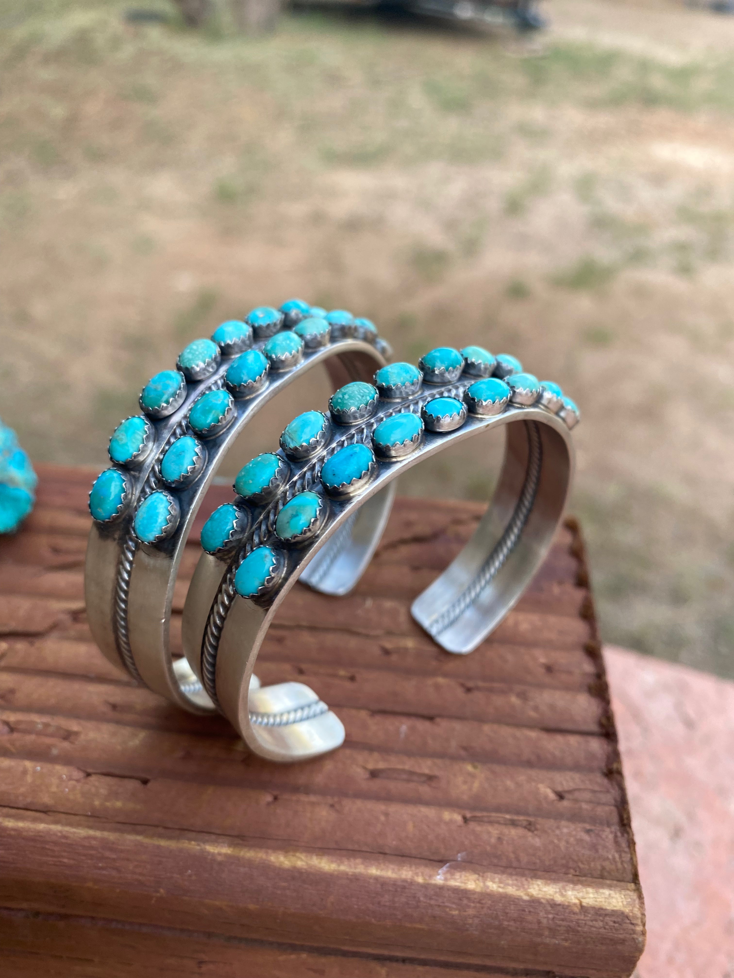 Paul Livingston Sterling Silver Snake Eye Carico Lake Turquoise 2 Row Cuff