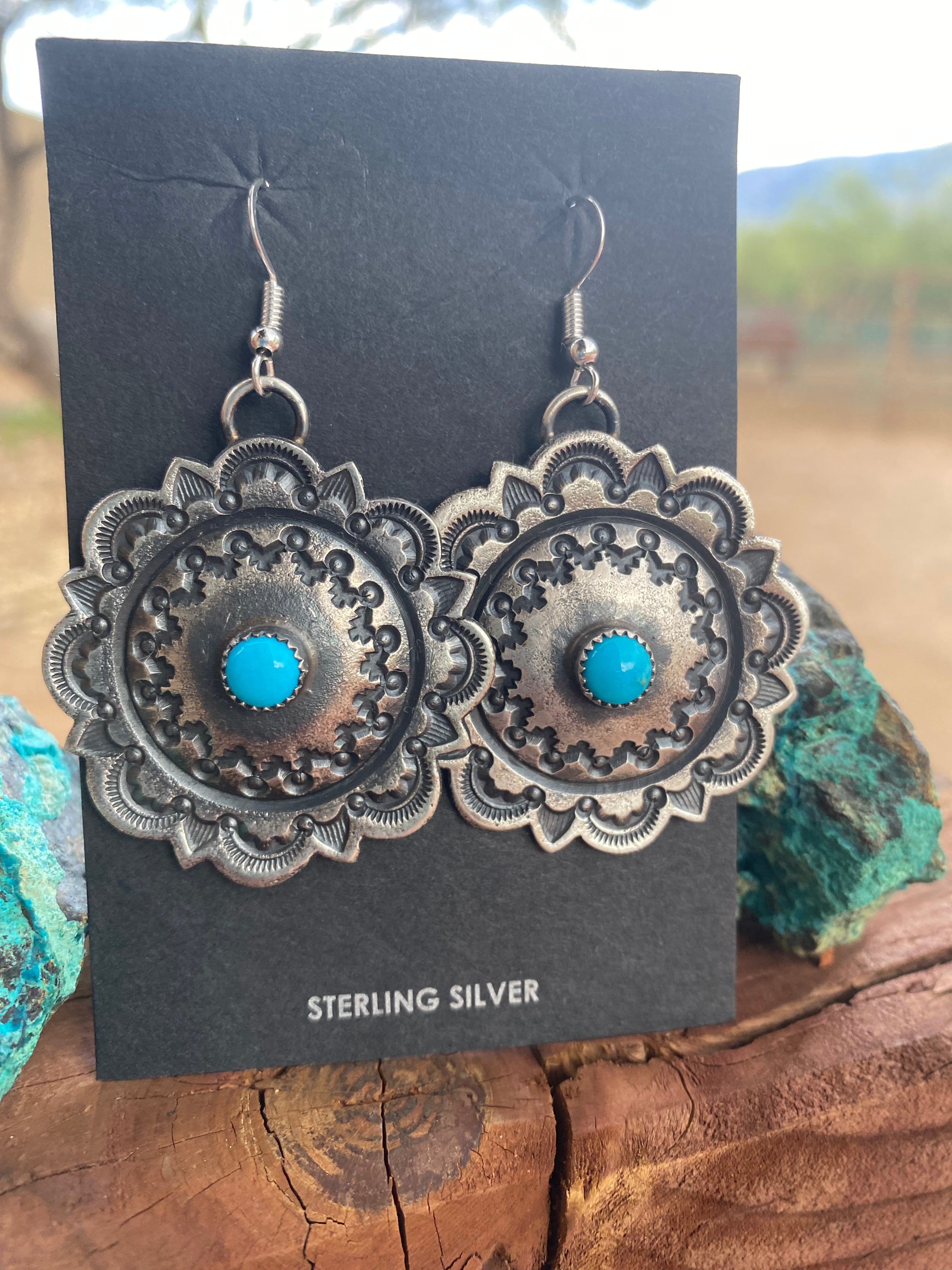 Handcrafted Turquoise & Sterling Silver Concho Dangle Earrings By Kevin Billah