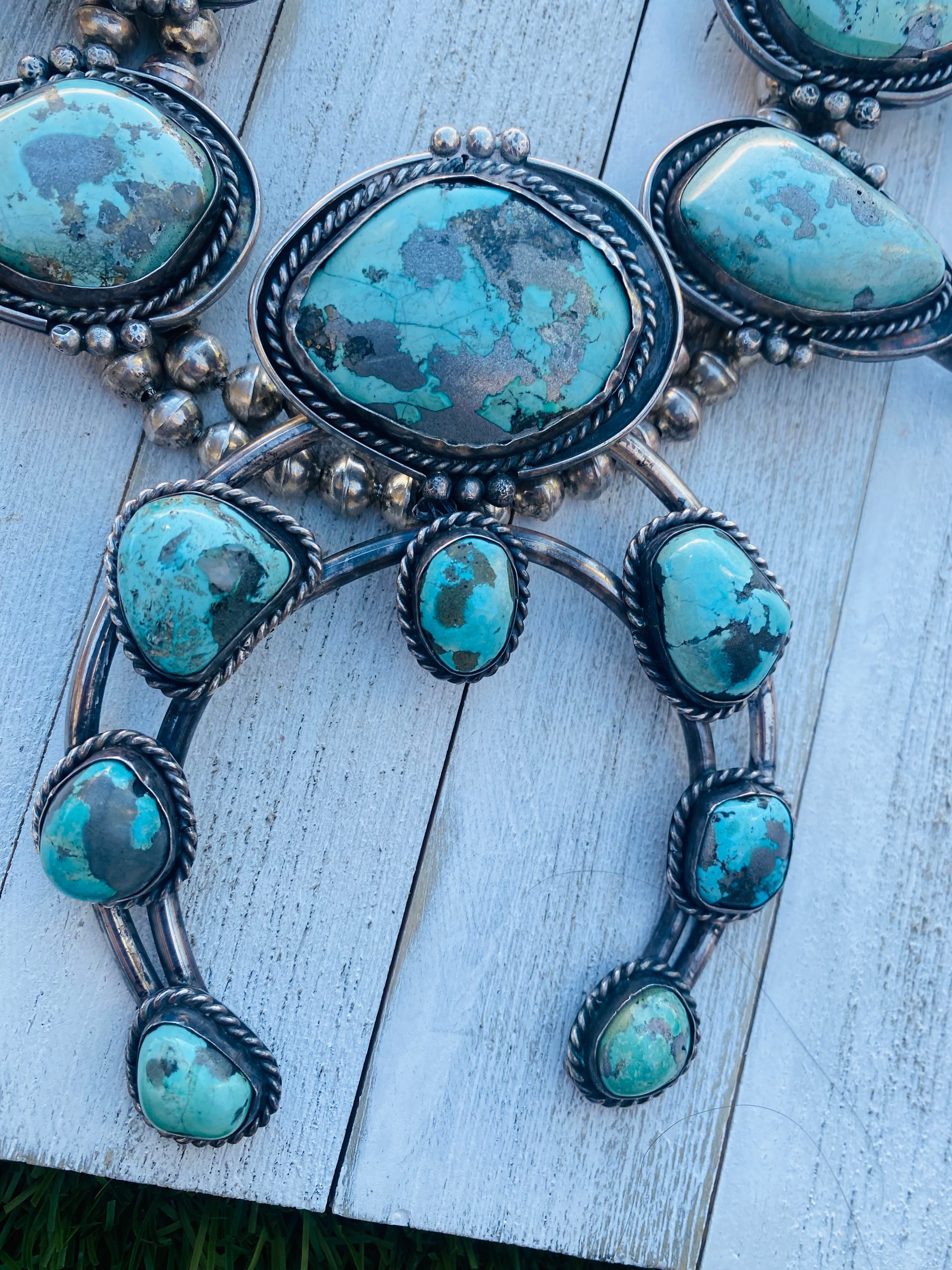 Handcrafted Vintage Turquoise & Sterling Silver Jumbo Squash Blossom Necklace