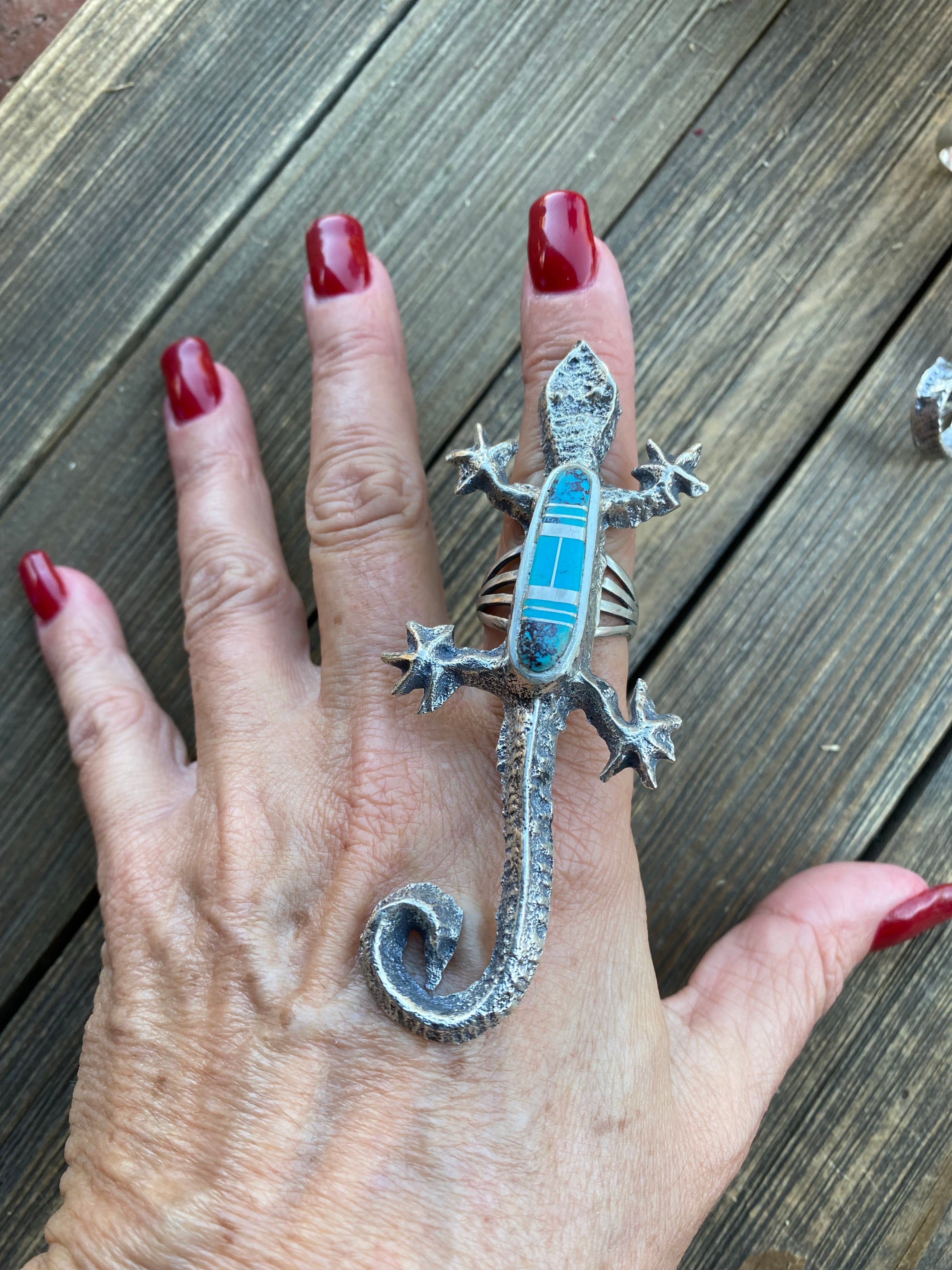 Handcrafted Turquoise& Sterling Silver Inlay Gecko Ring