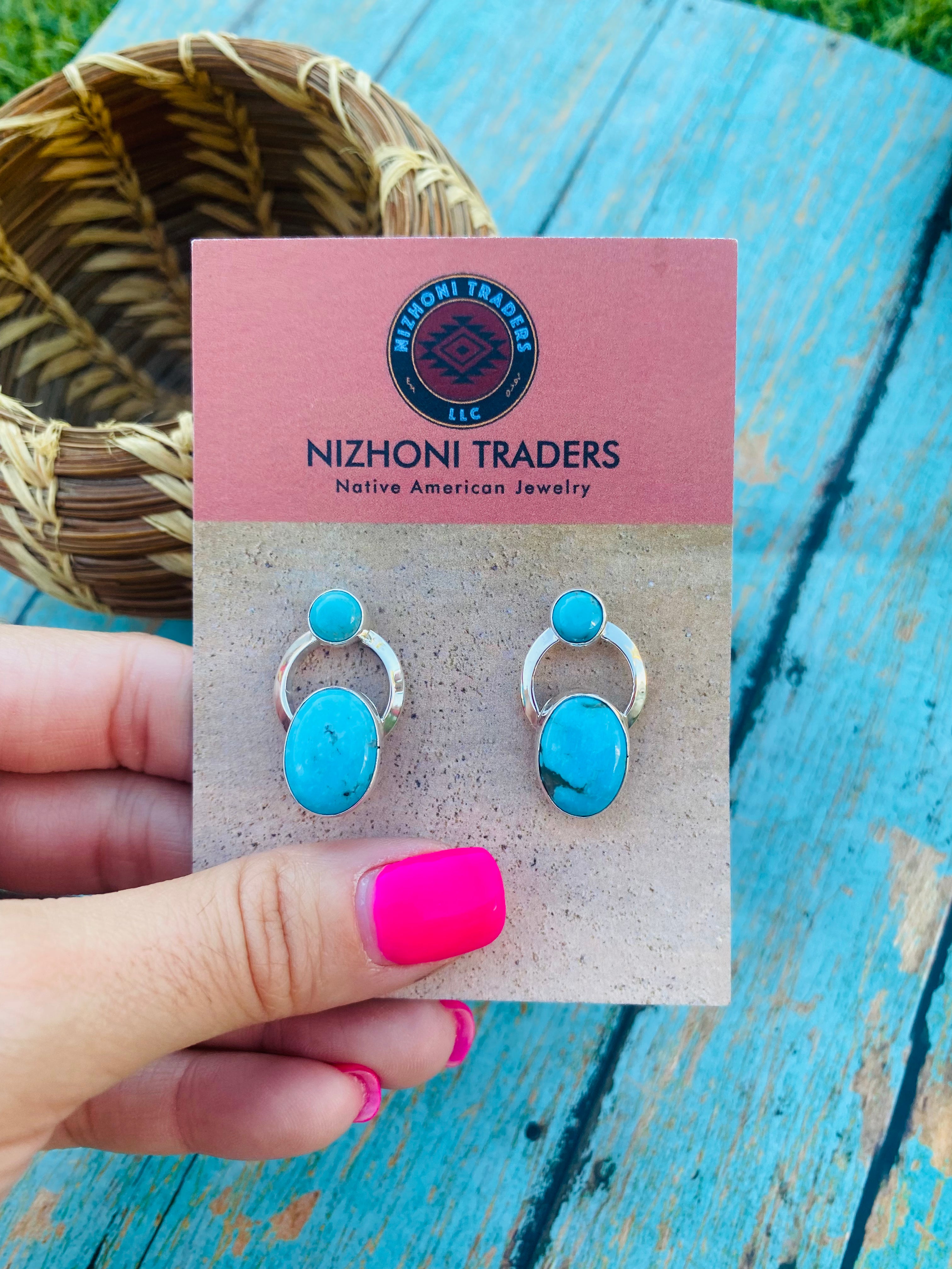 Handcrafted Kingman Turquoise & Sterling Silver Post Earrings Signed