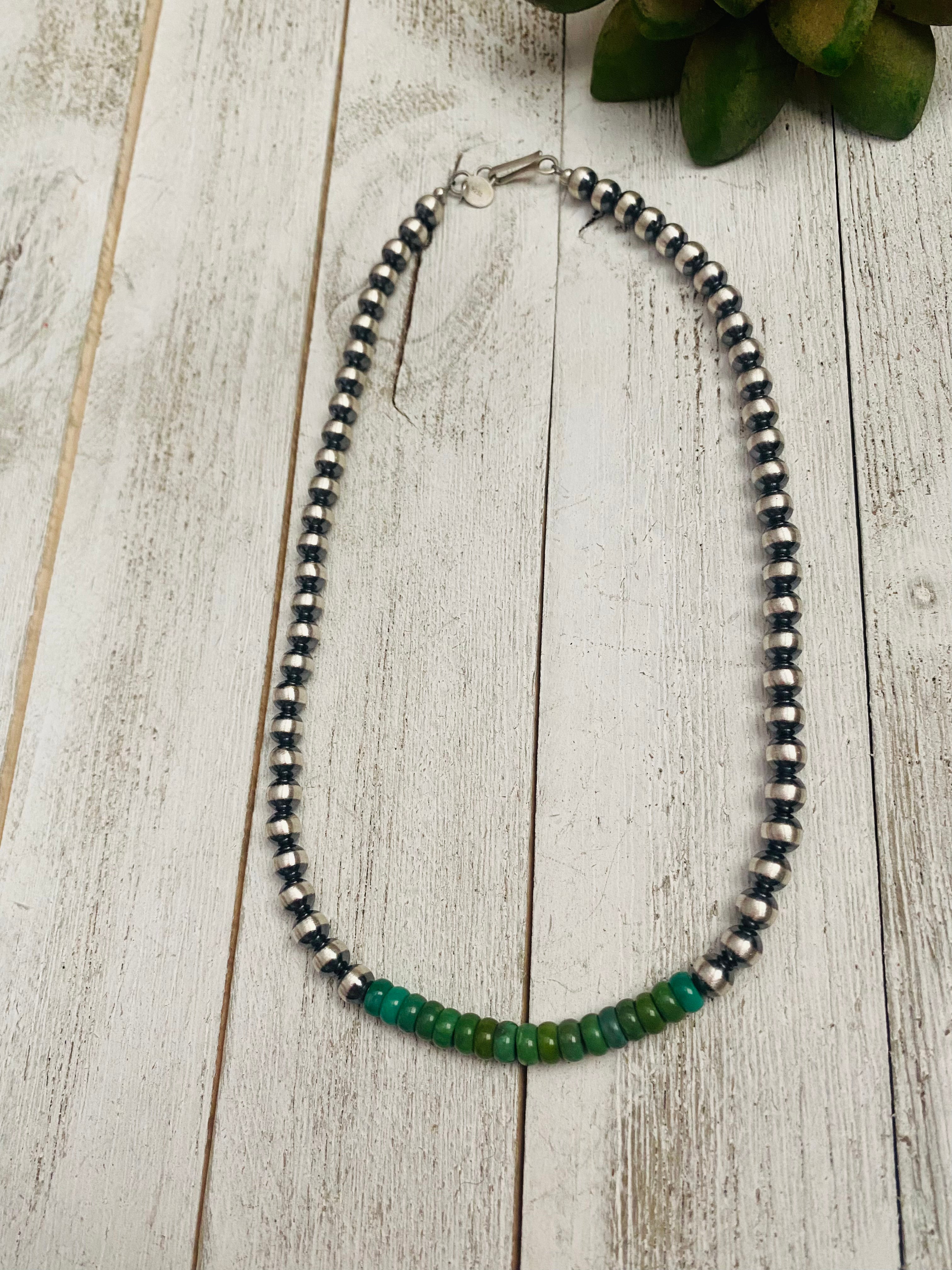 Handcrafted Turquoise & Sterling Silver Beaded 6mm Necklace 16”