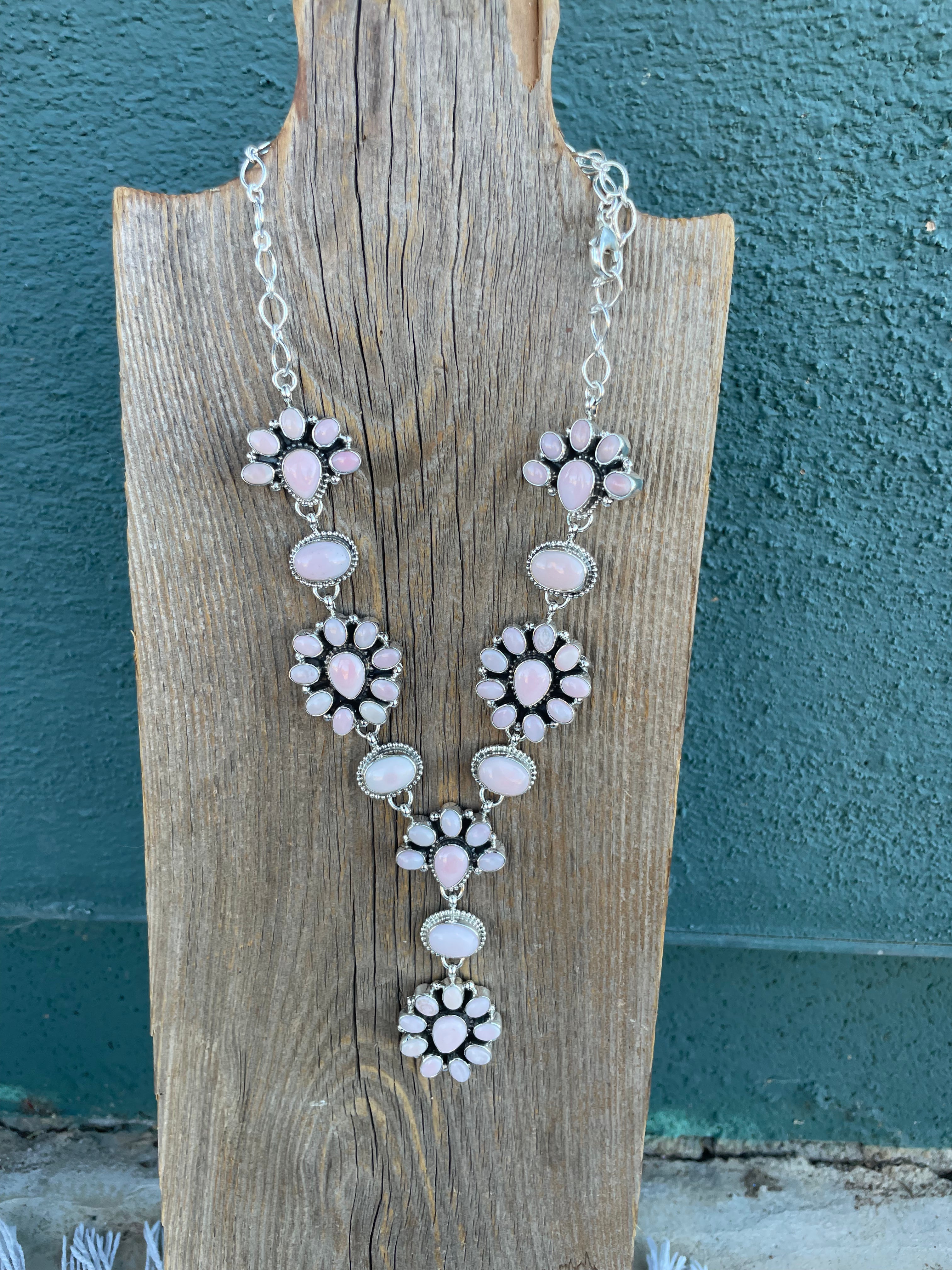 Handcrafted Queen Pink Conch Shell And Sterling Silver Lariat Necklace Earrings Set By Sheila Becenti