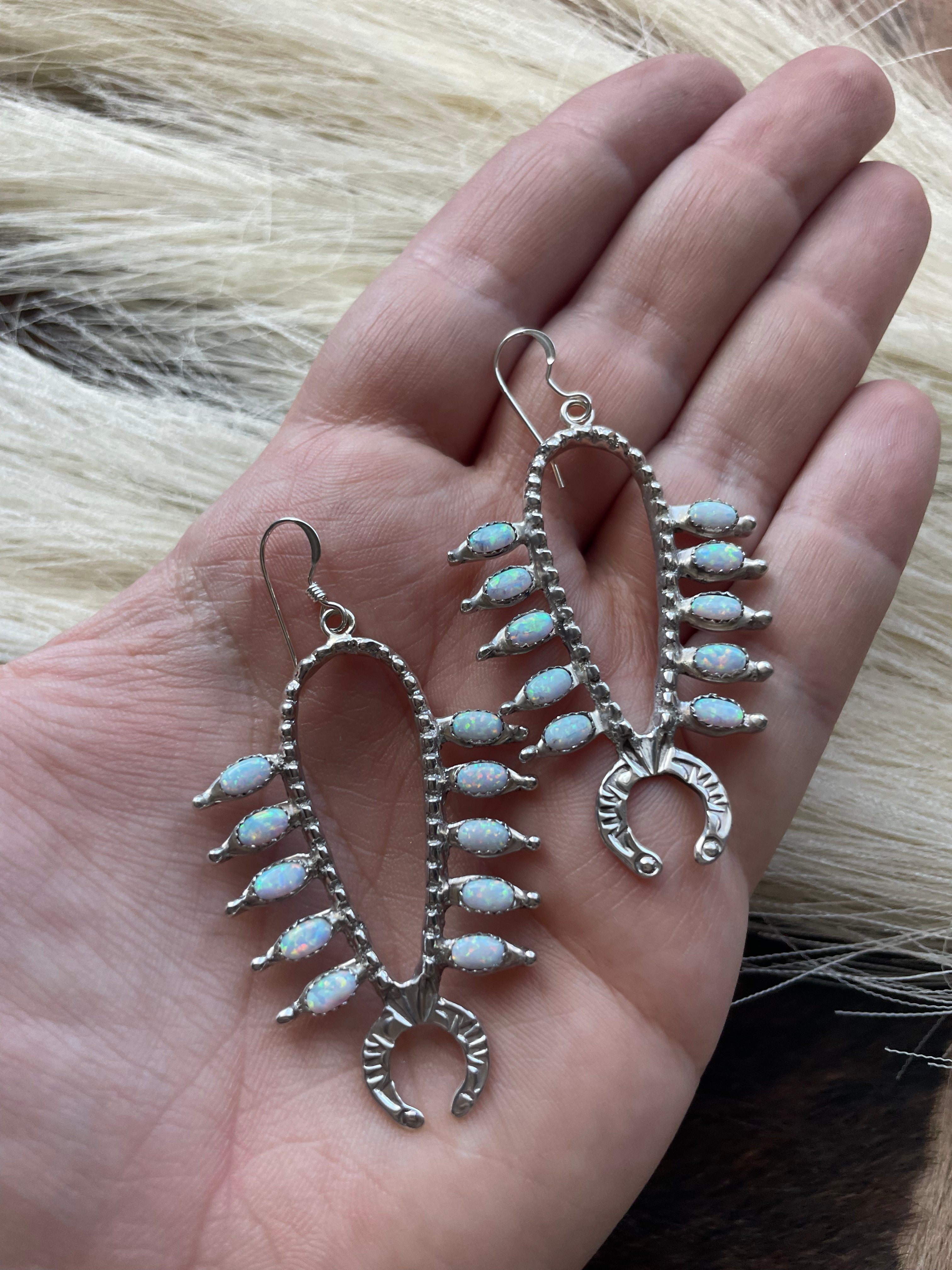 Handcrafted Sterling Silver & Opal Squash Blossom Dangle Earrings