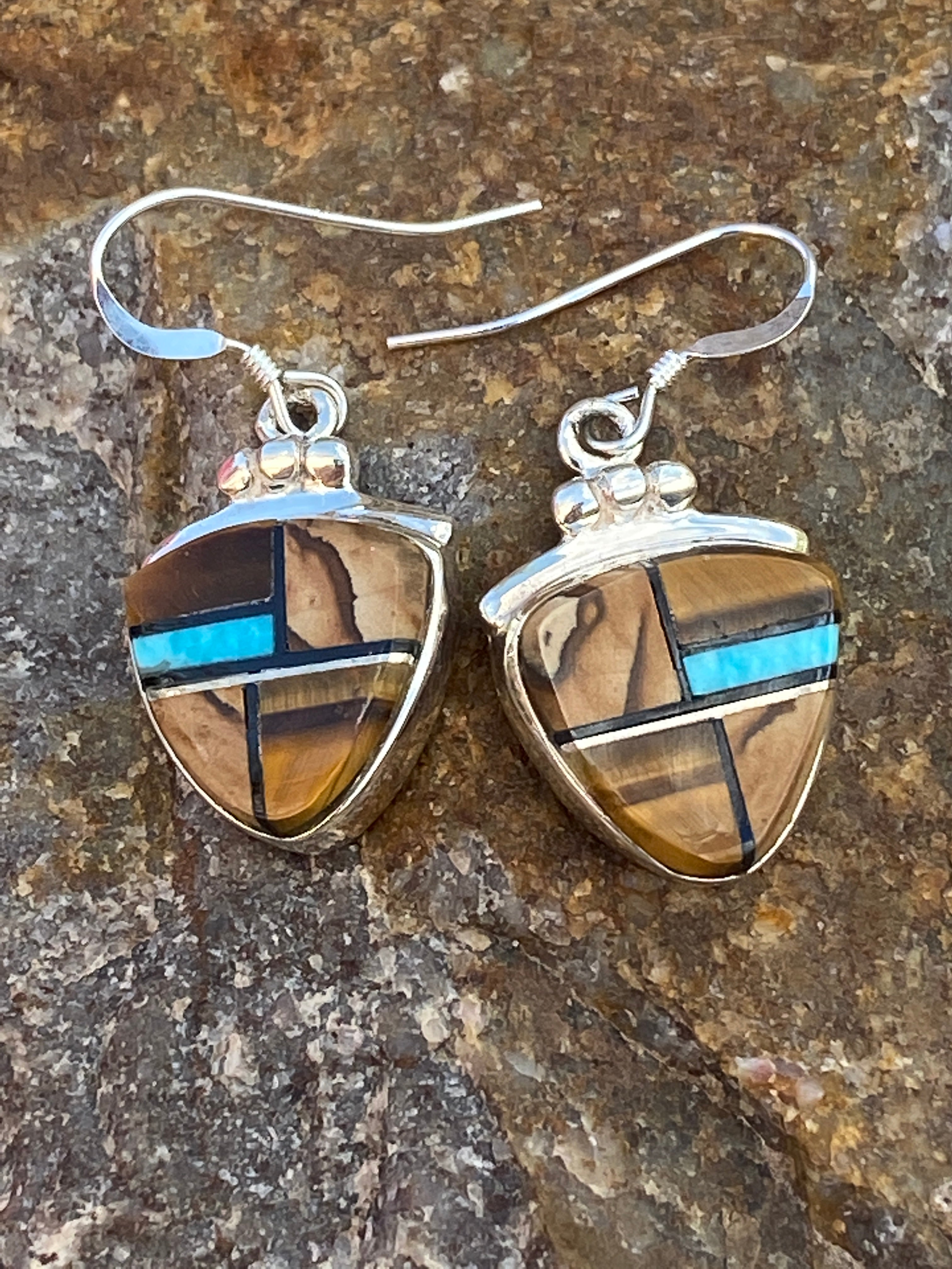 Handcrafted Turquoise, Onyx, Petrified Wood & Sterling Silver Dangle Earrings