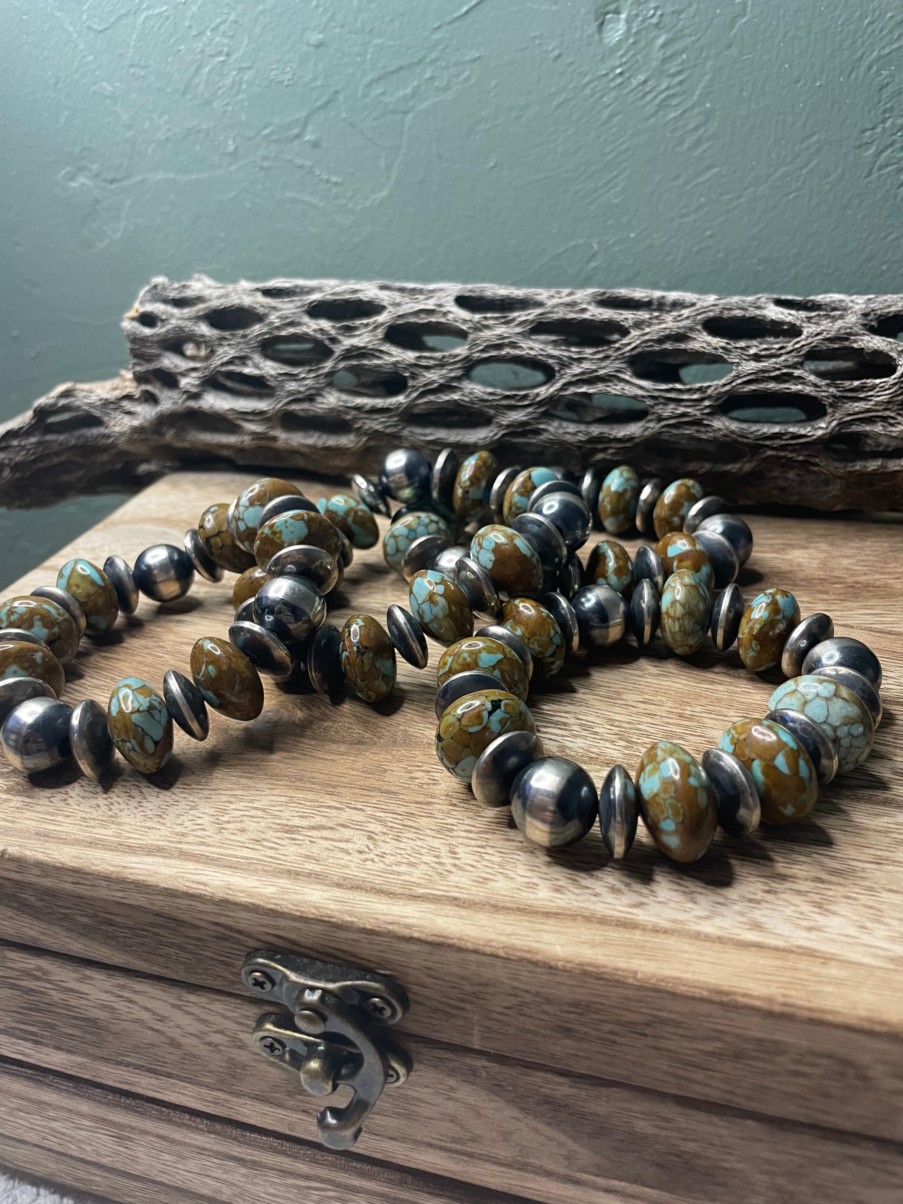 Handcrafted Sterling Silver Stretchy Natural #8 Turquoise Medium Beaded Bracelet 14 mm pearl