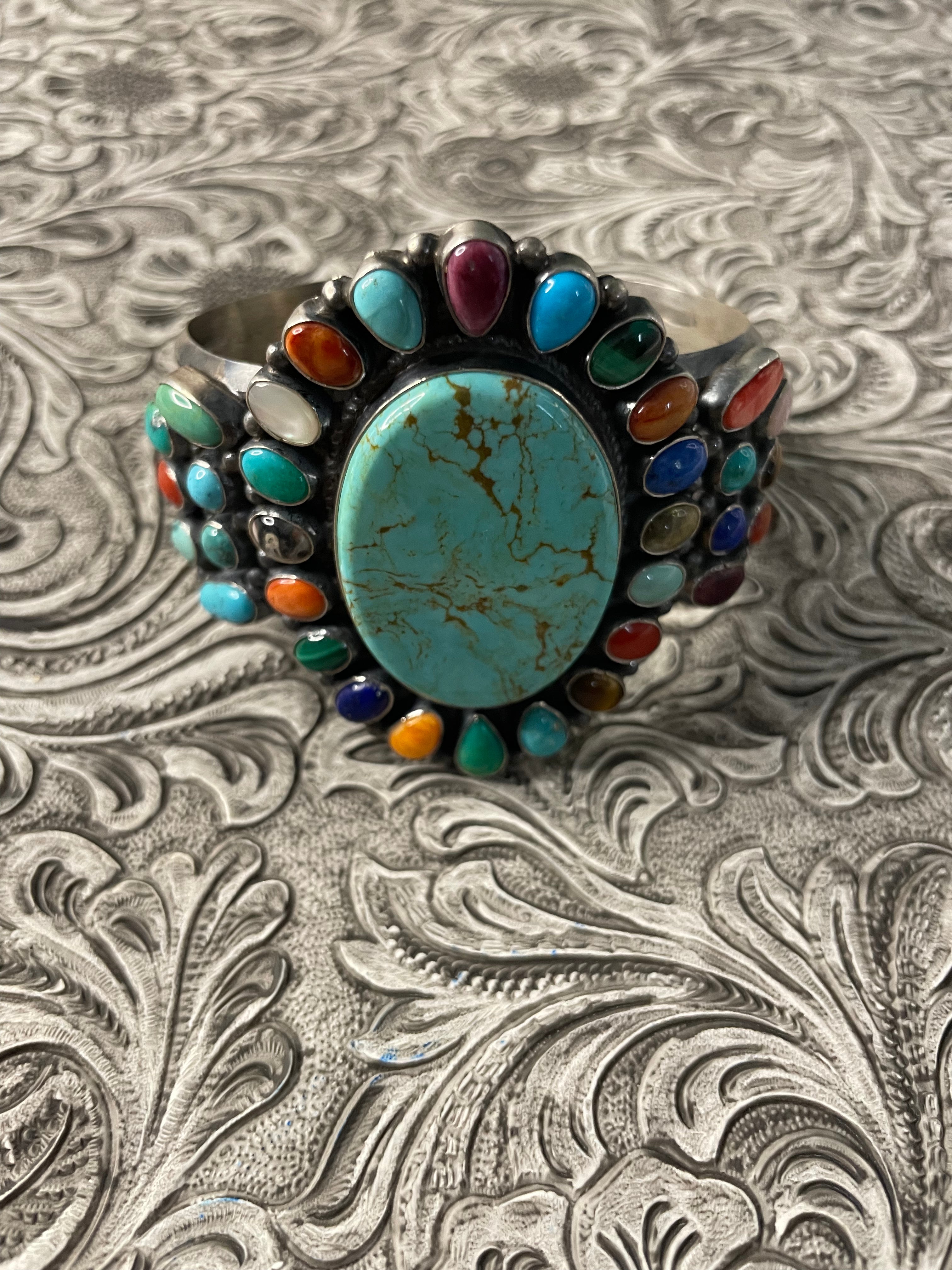 Anthony Skeets Handcrafted Multi Stone & Sterling Silver Cuff Bracelet Signed