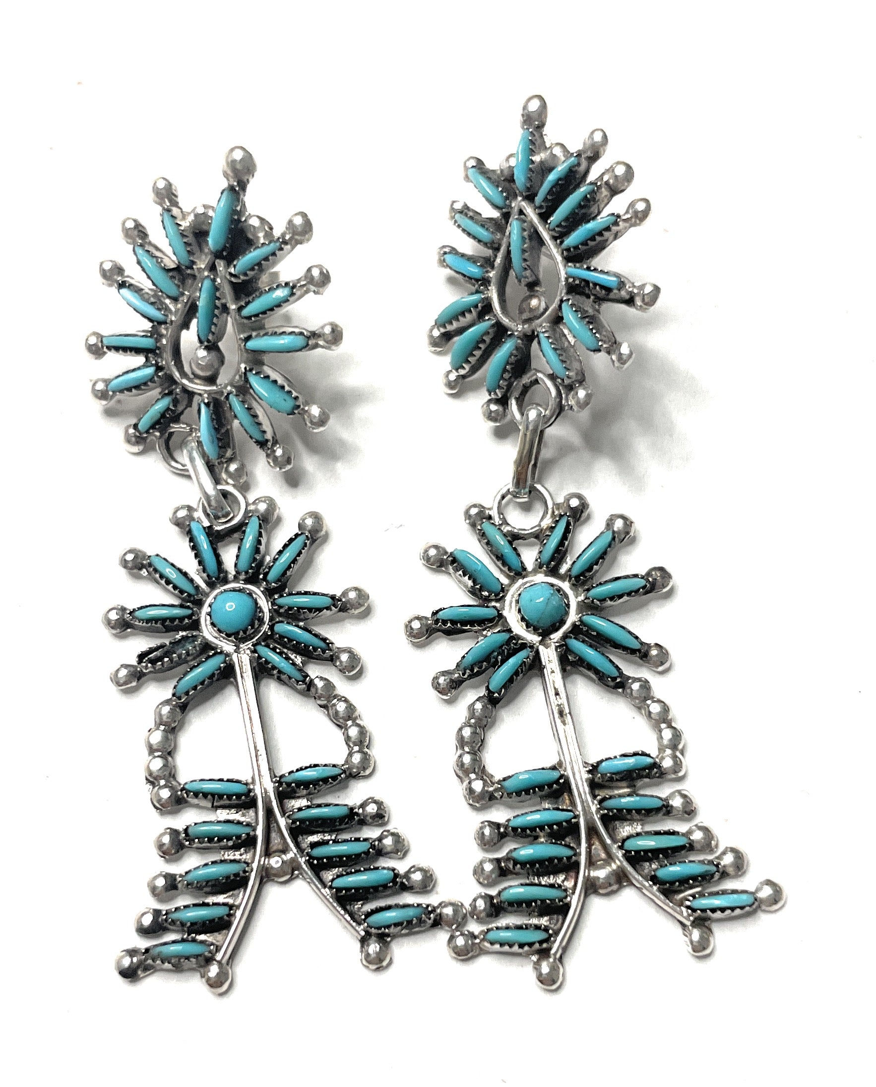 Handmade Sterling Silver And Turquoise Needlepoint Dangle Earrings