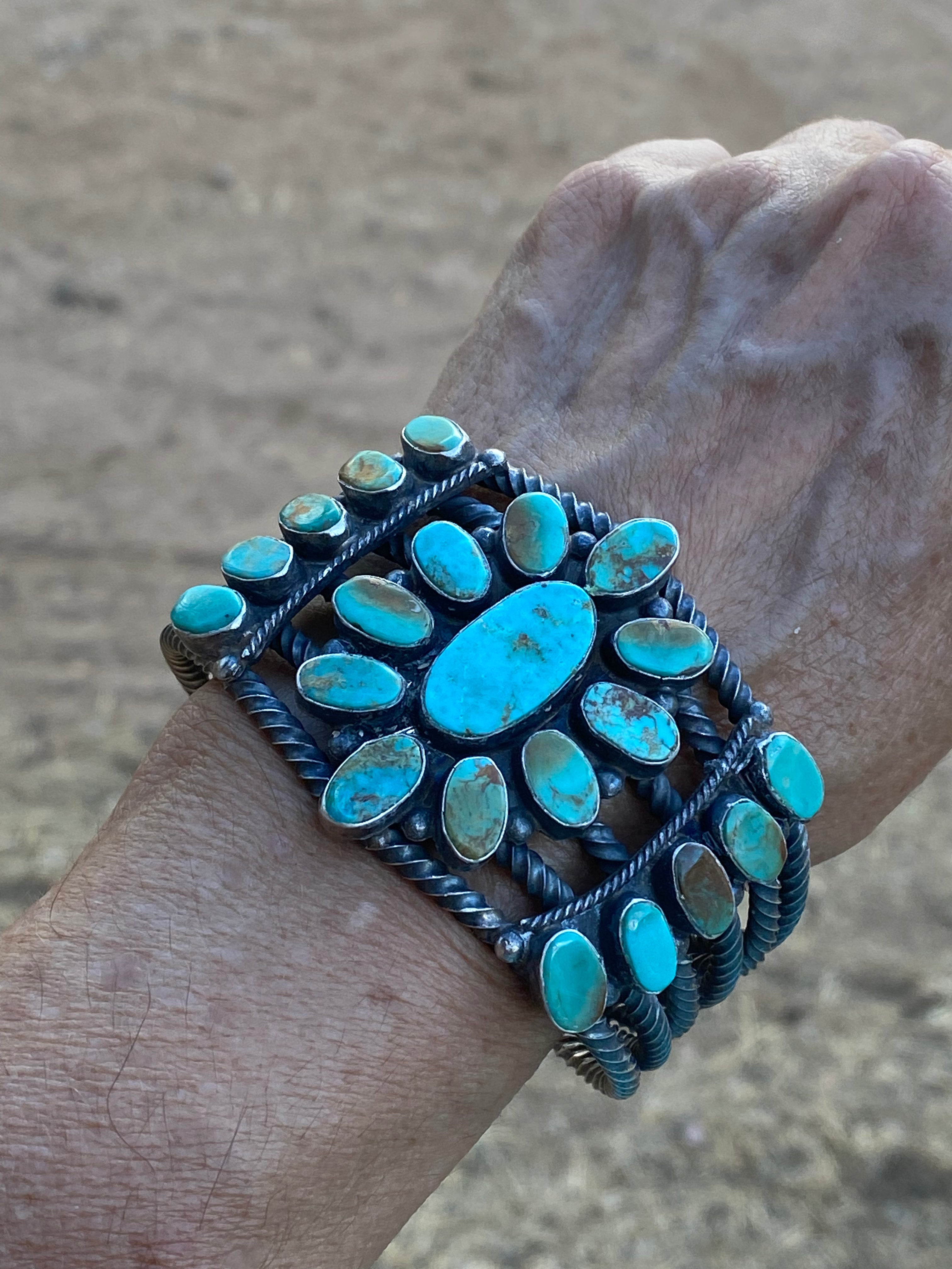 Navajo Jacqueline Silver Royston Turquoise & Sterling Cluster Cuff /