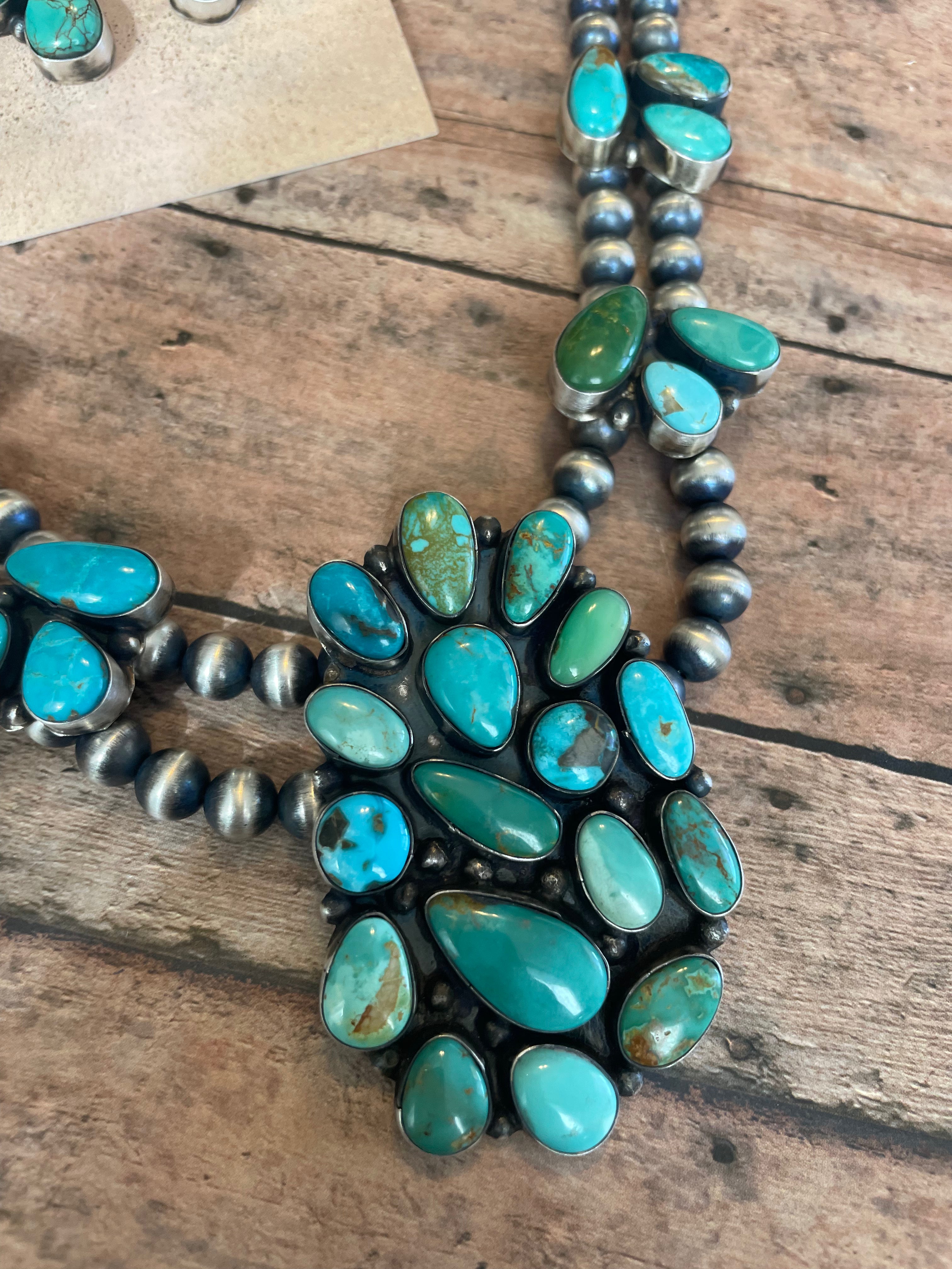Navajo Beaded Sterling Silver & Royston Turquoise Necklace Set by Ella Peters