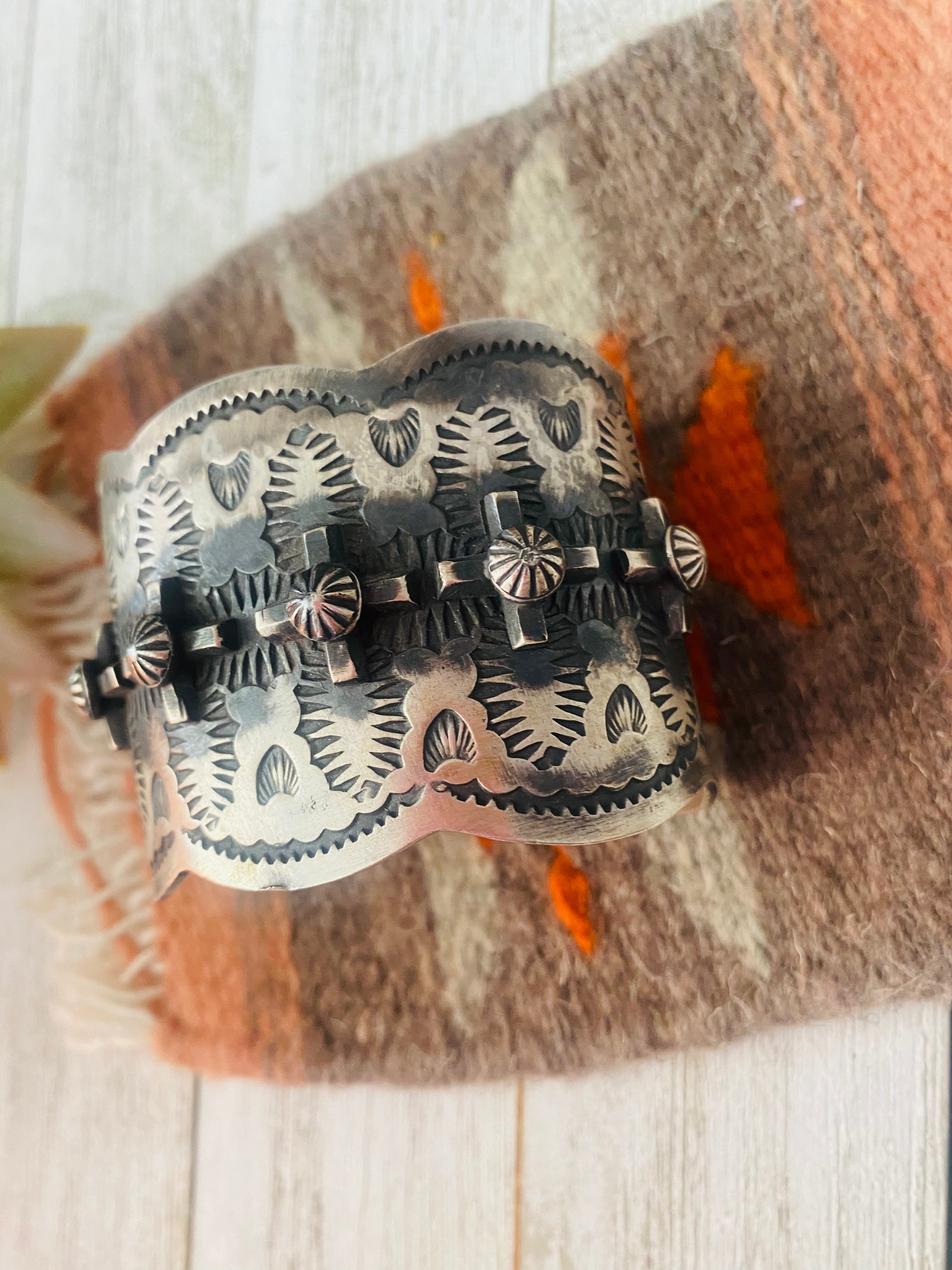 Navajo Hand Stamped Sterling Silver Cross Cuff Bracelet By Chimney Butte