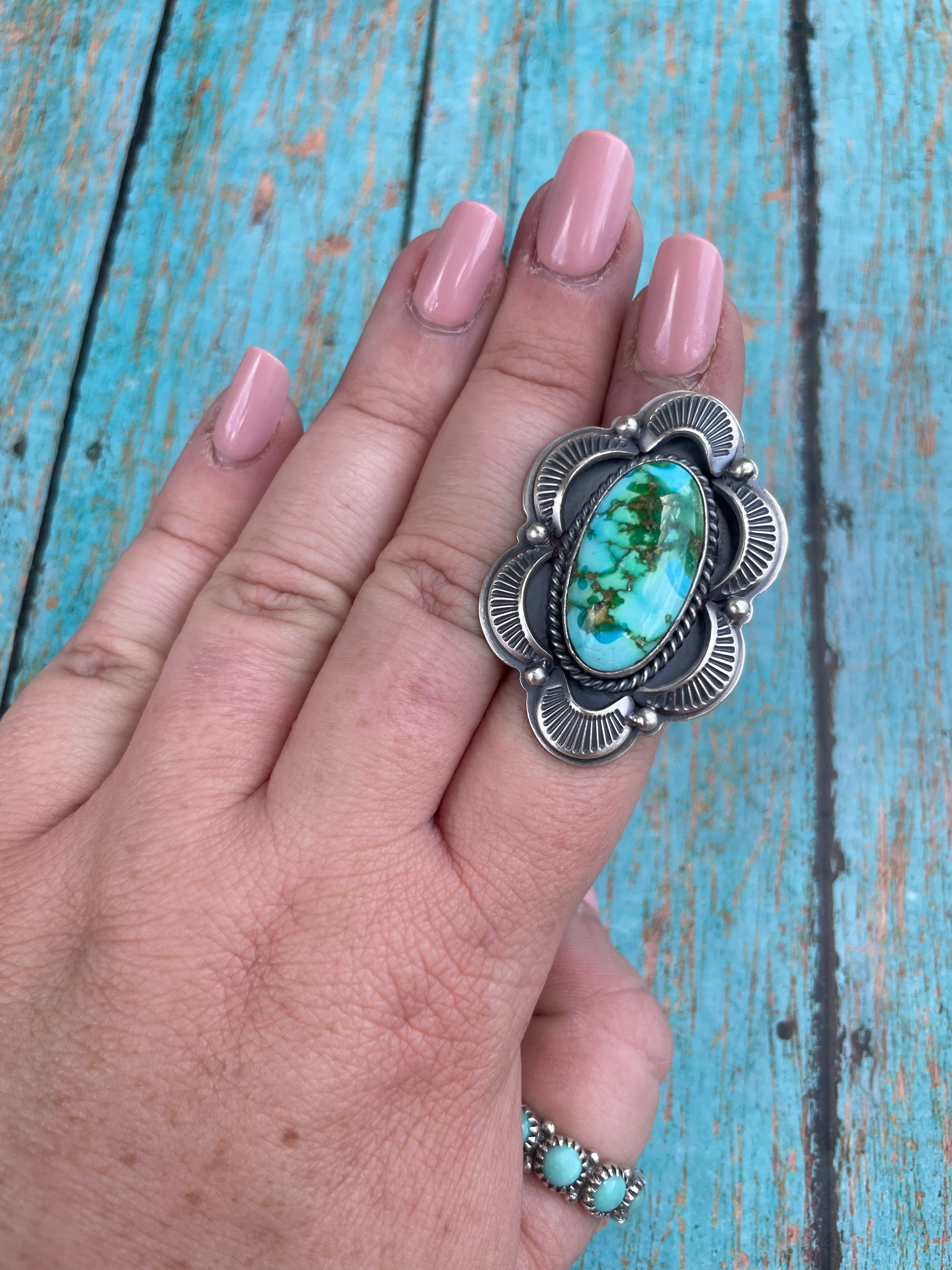 Navajo Sonoran Mountain Turquoise And Sterling Silver Statement Ring Size 7