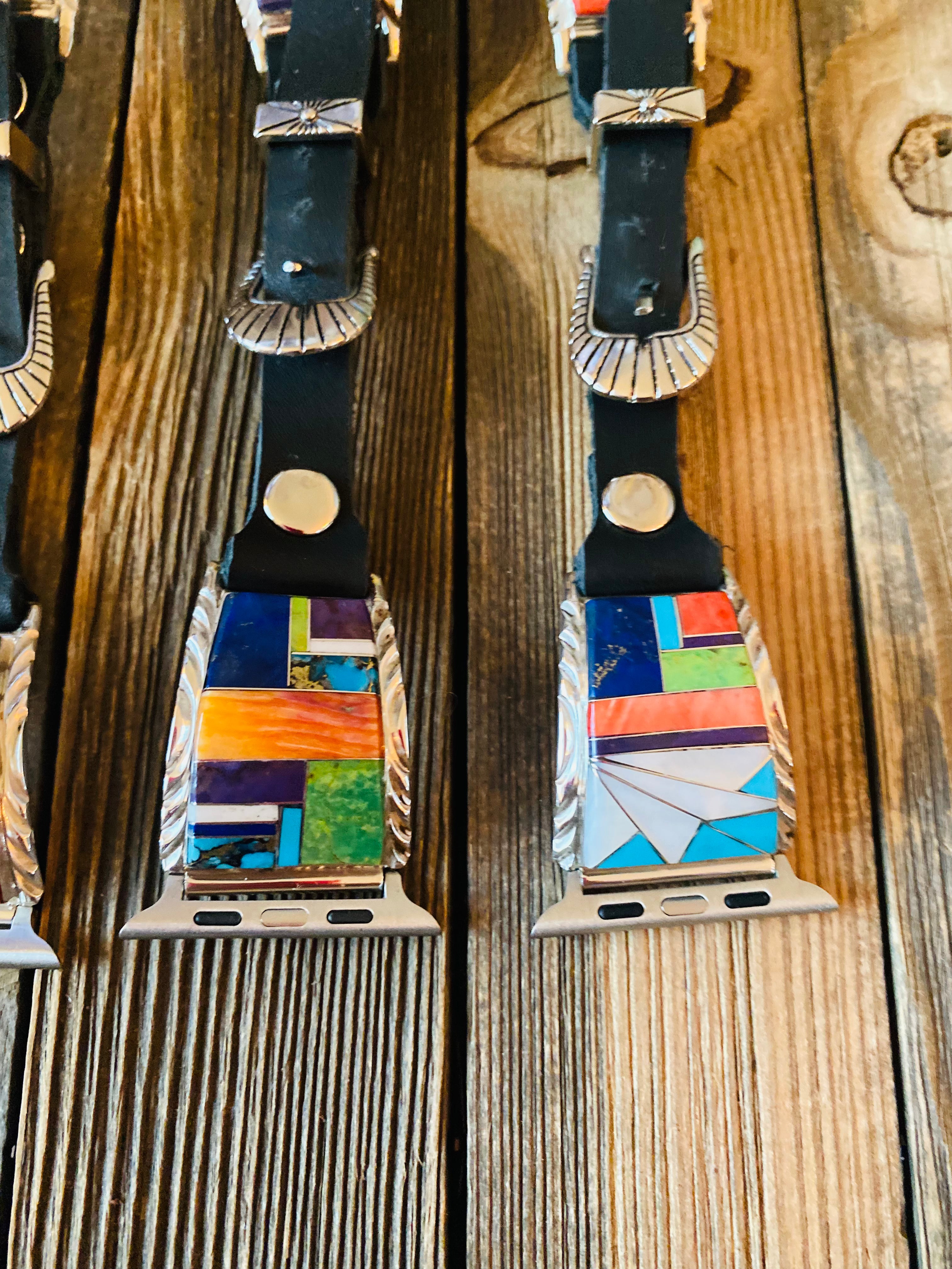 Handcrafted Multi Stone, Sterling Silver & Black Leather Smartphone Watch Band