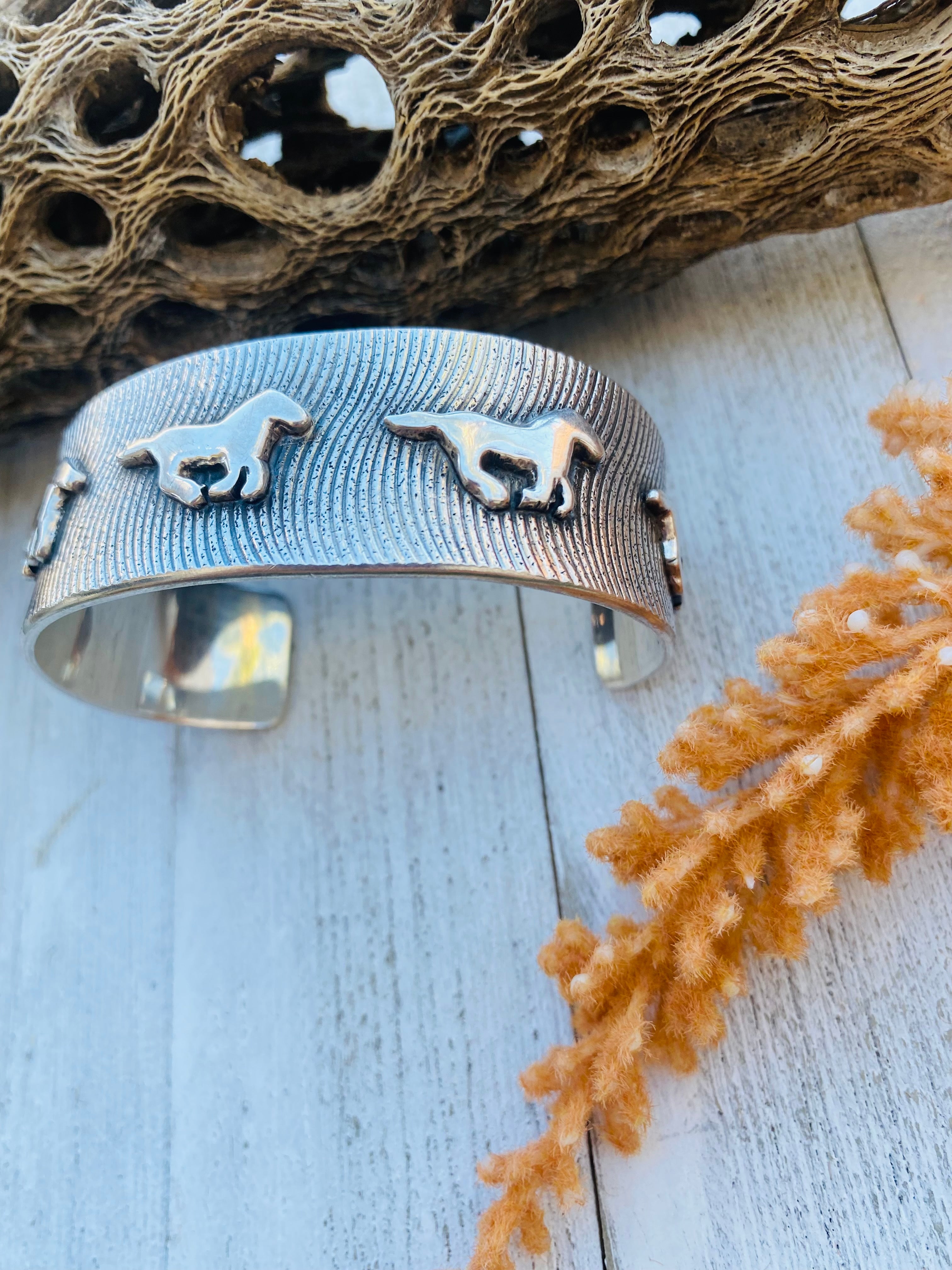 Handcrafted Sterling Silver Horses Cuff Signed
