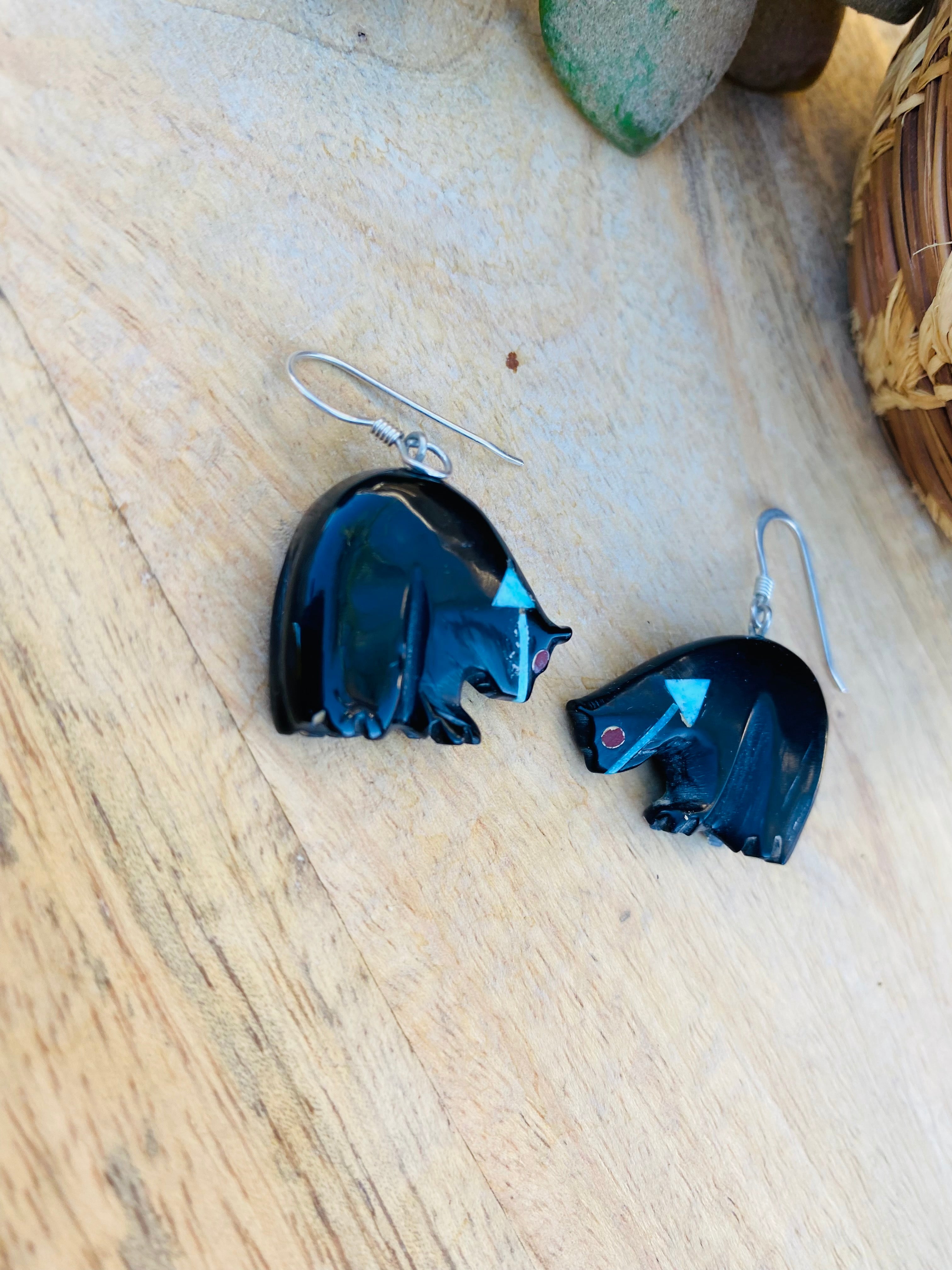 Handcrafted Vintage Jet & Turquoise Fetish Bear Earrings