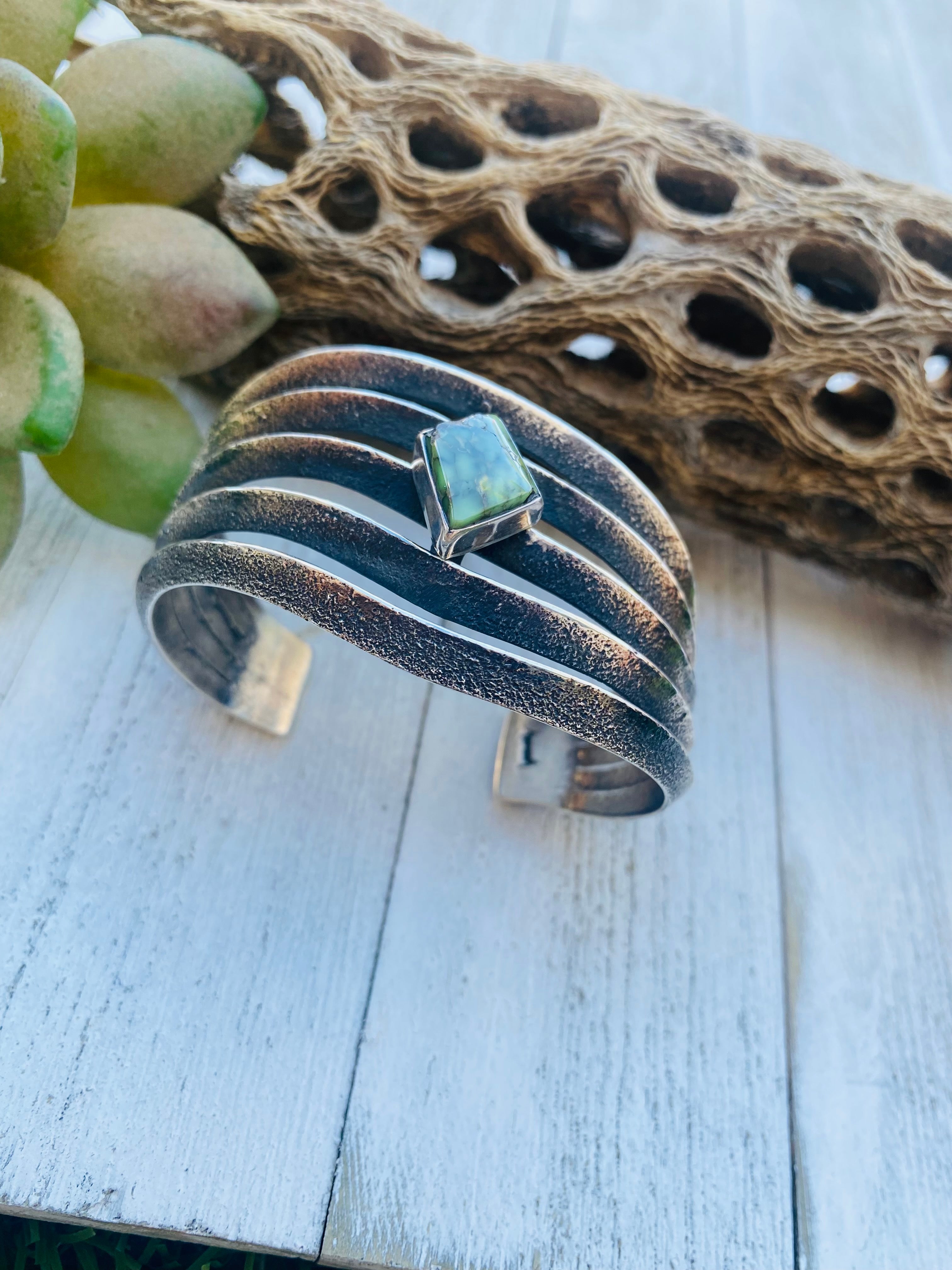 Handcrafted Vintage Turquoise & Sterling Silver Cuff Bracelet signed