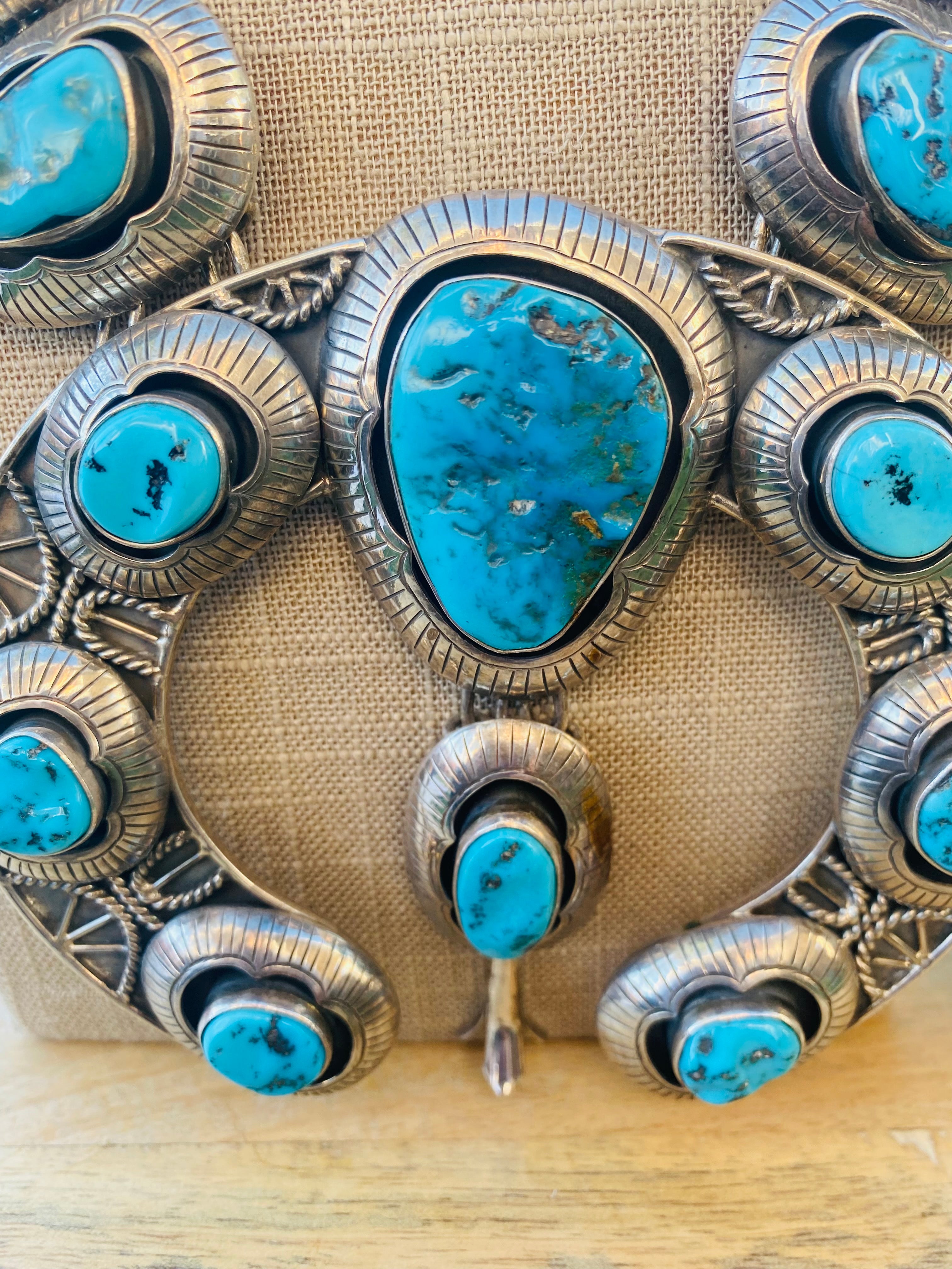 Handcrafted Vintage Kingman Turquoise & Sterling Silver Squash Blossom Necklace