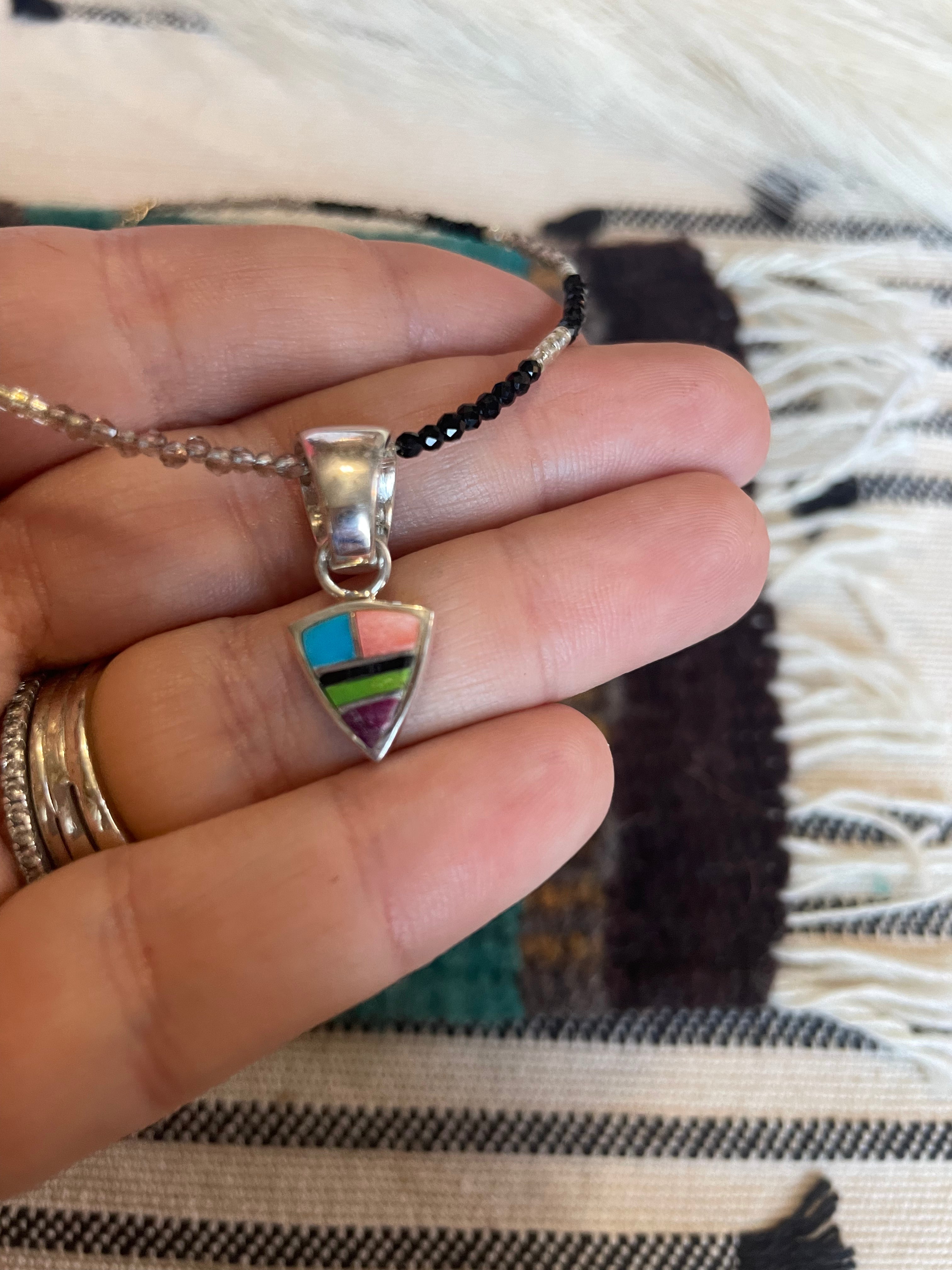 Handcrafted Multi Stone Inlay & Sterling Silver Circle Pendant