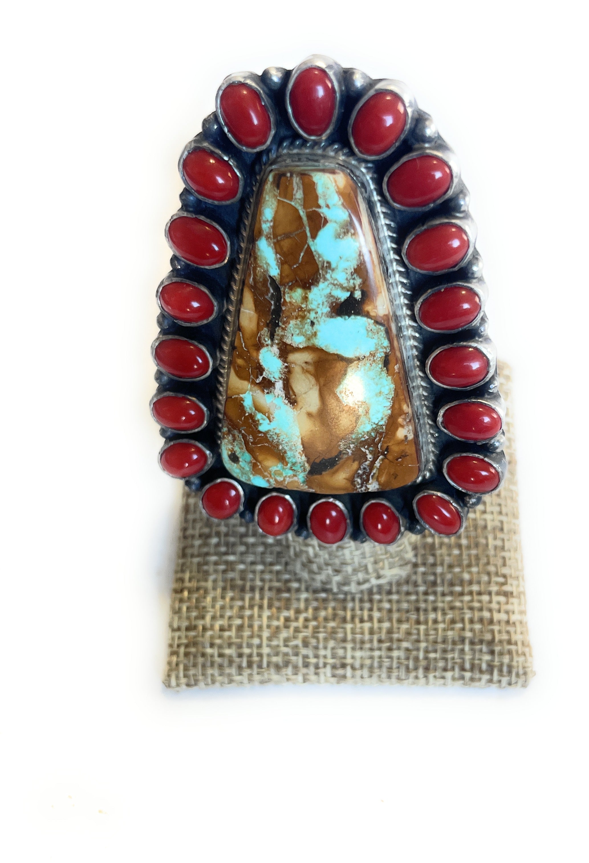 Navajo Number 8 Turquoise, Coral & Sterling Silver Ring Size 6 Signed G James