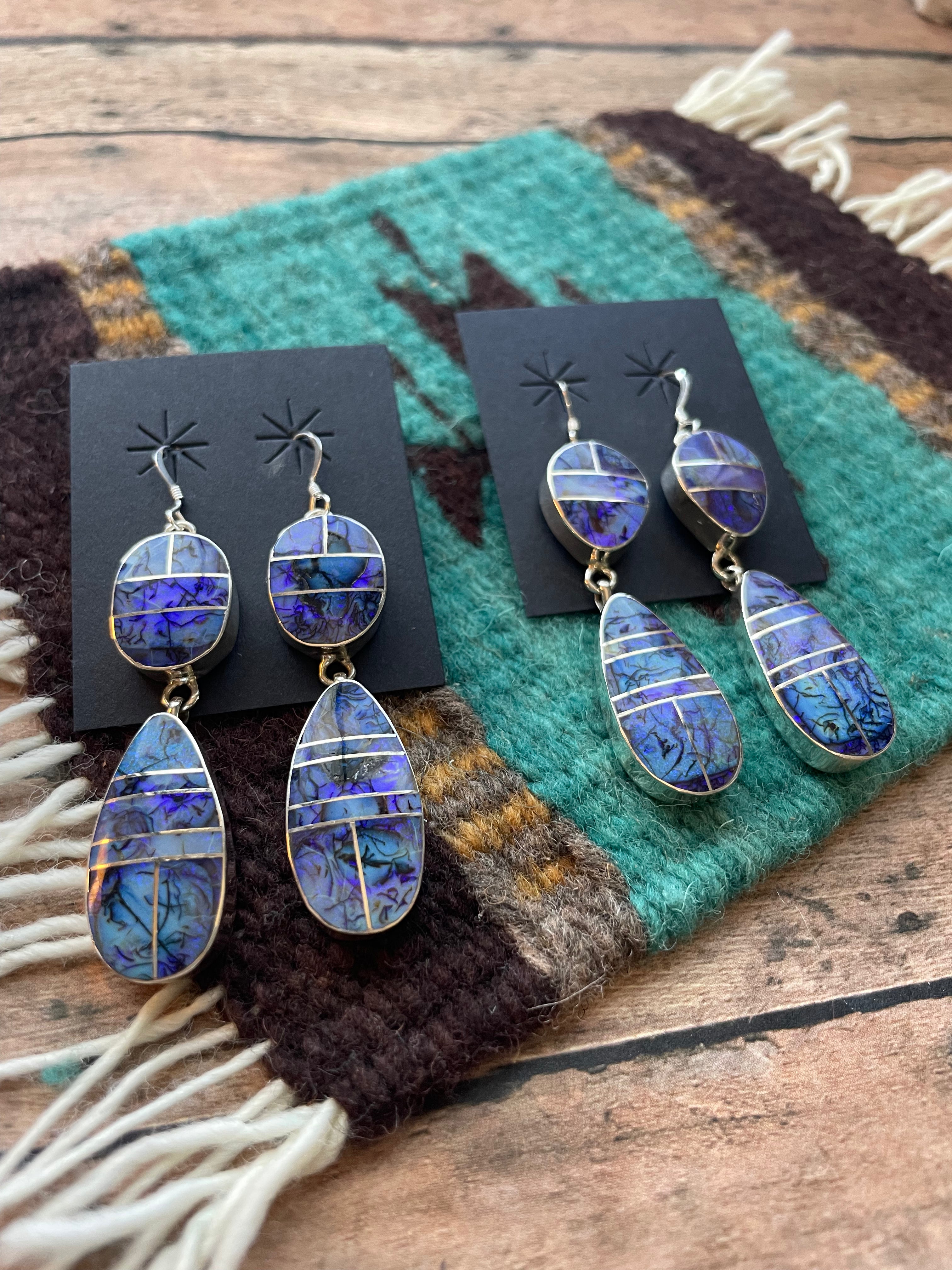 Handcrafted Blue Opal Web & Sterling Silver Dangle Earrings Signed