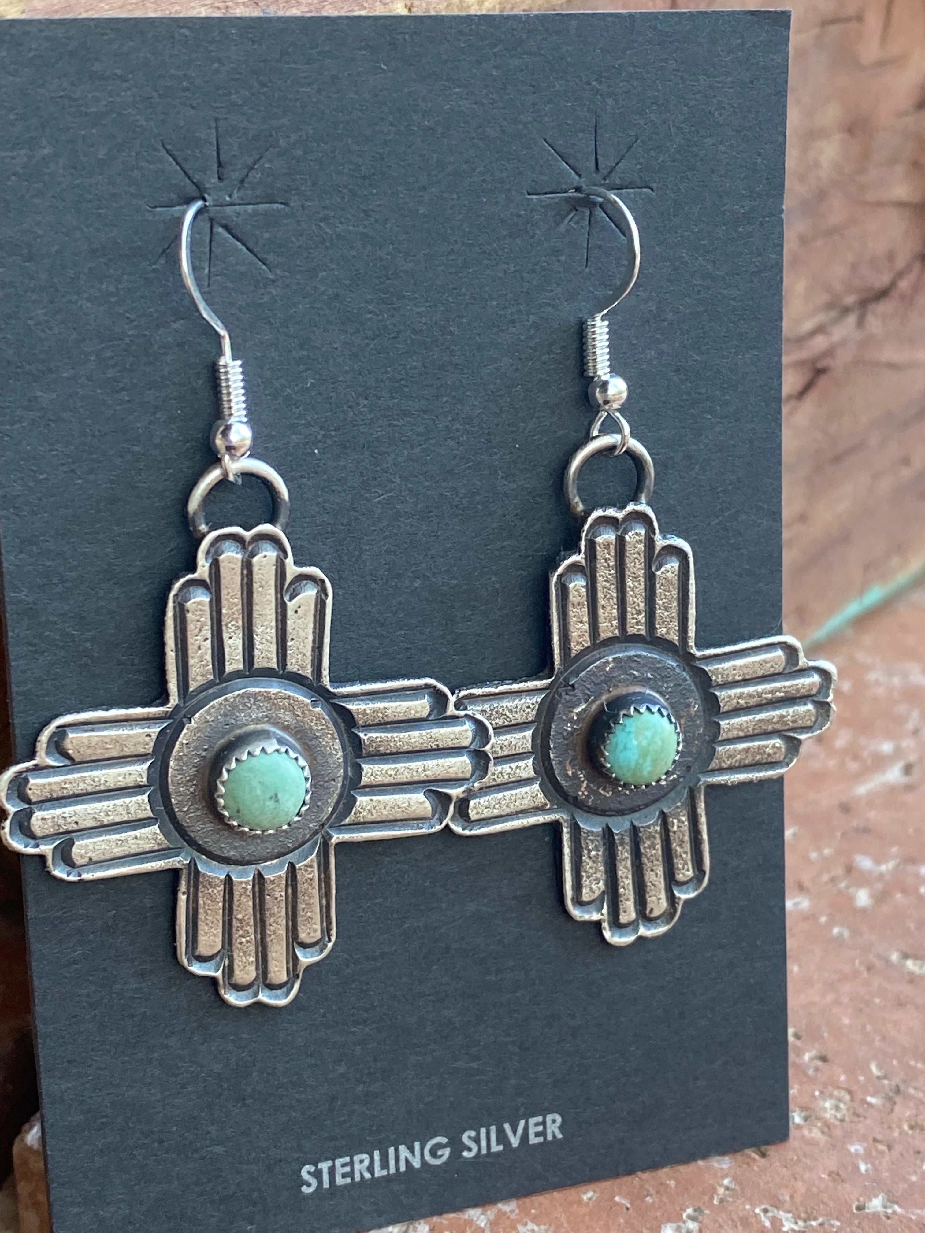 Handcrafted Turquoise & Sterling Silver Zia Dangle Earrings By Kevin Billah