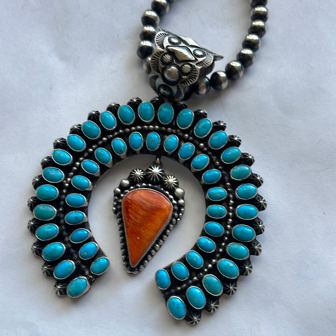 Handcrafted Sterling Silver, Turquoise & Orange Spiny Naja Pendant Signed