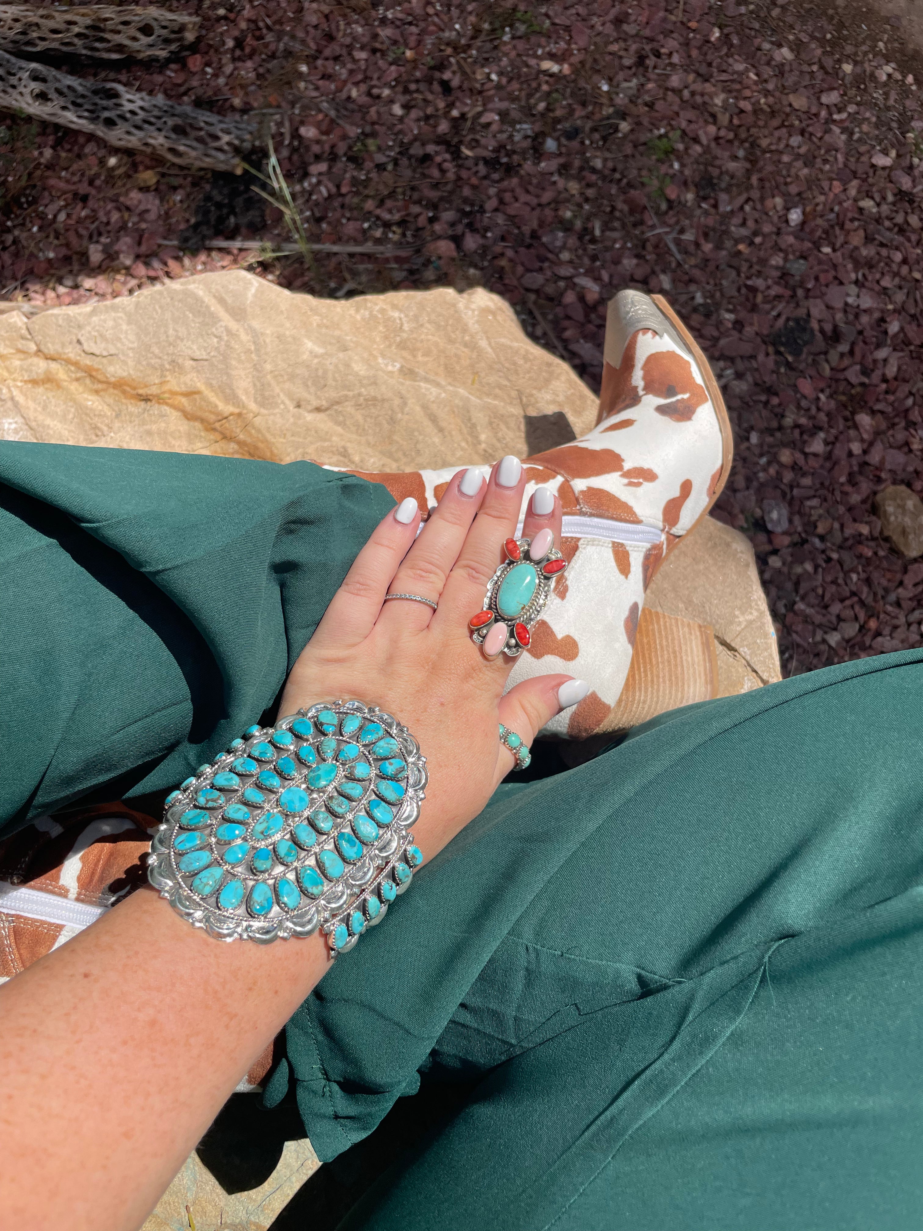 Navajo Sterling Silver & Turquoise Statement Cuff Bracelet Signed /