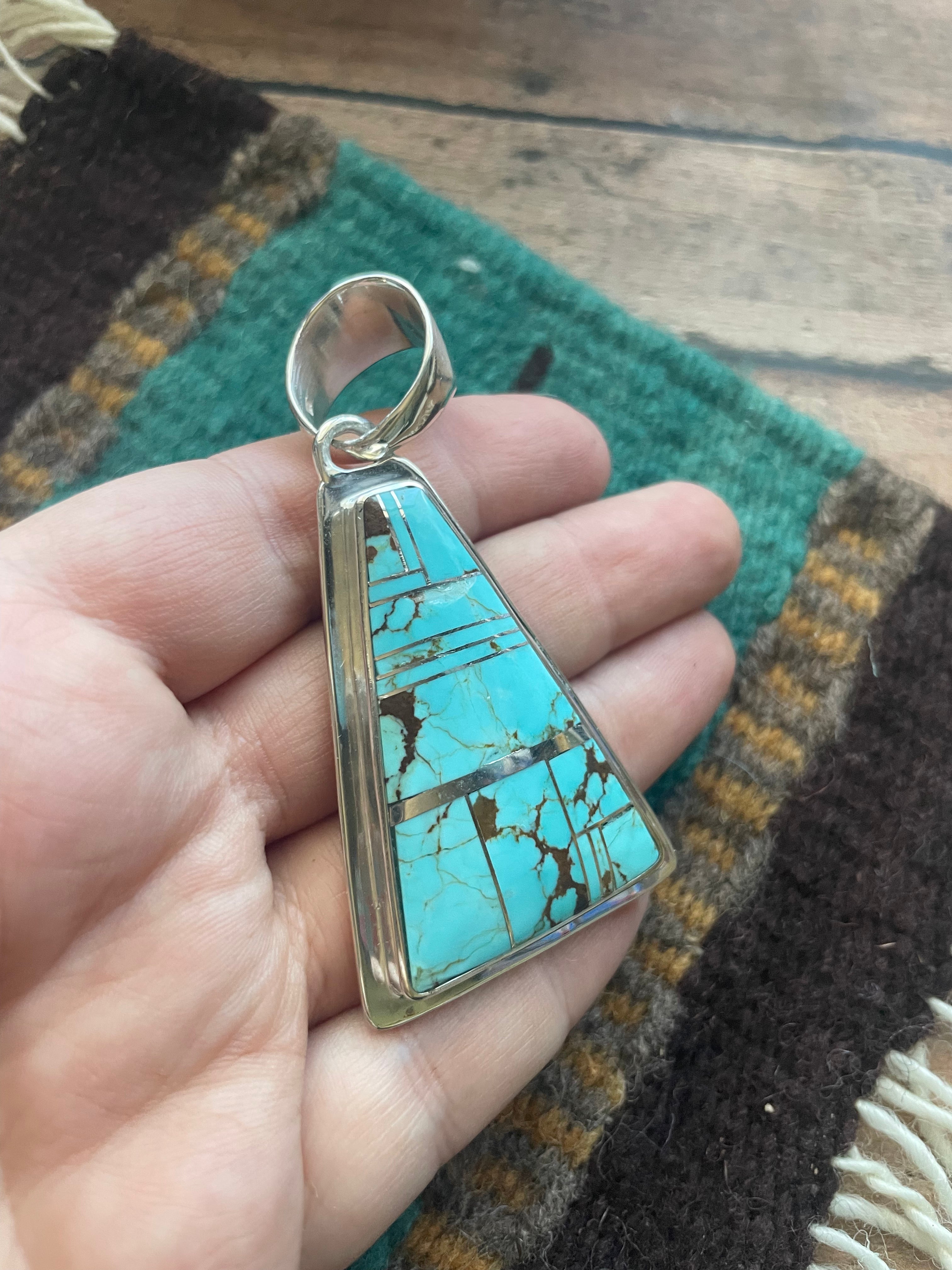 Navajo Number 8 Turquoise Inlay & Sterling Silver Triangle Pendant