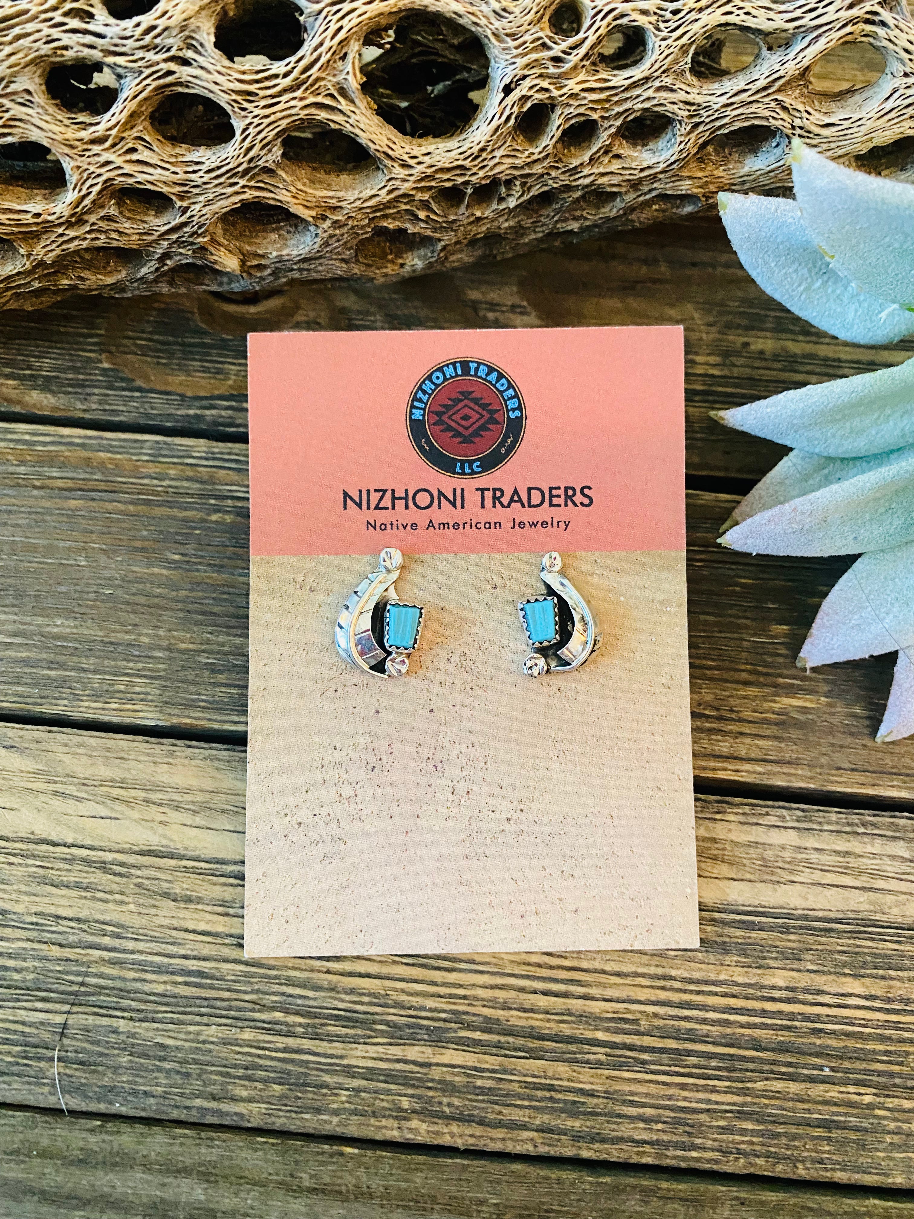 Handcrafted Sterling Silver & Turquoise Feather Stud Earrings Signed