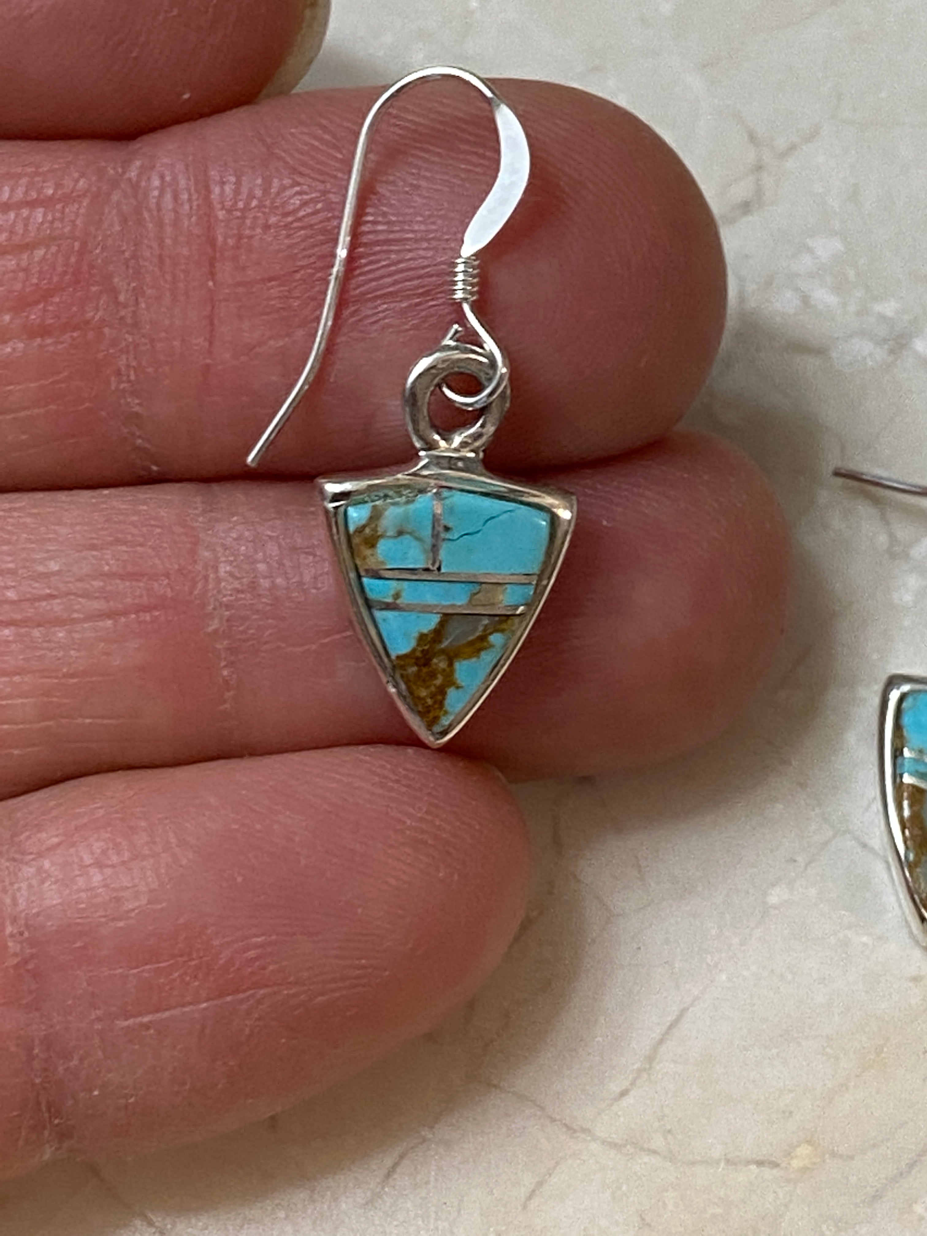 Handcrafted Turquoise 8 & Sterling Silver Petite Triangle Dangle Earrings set 1