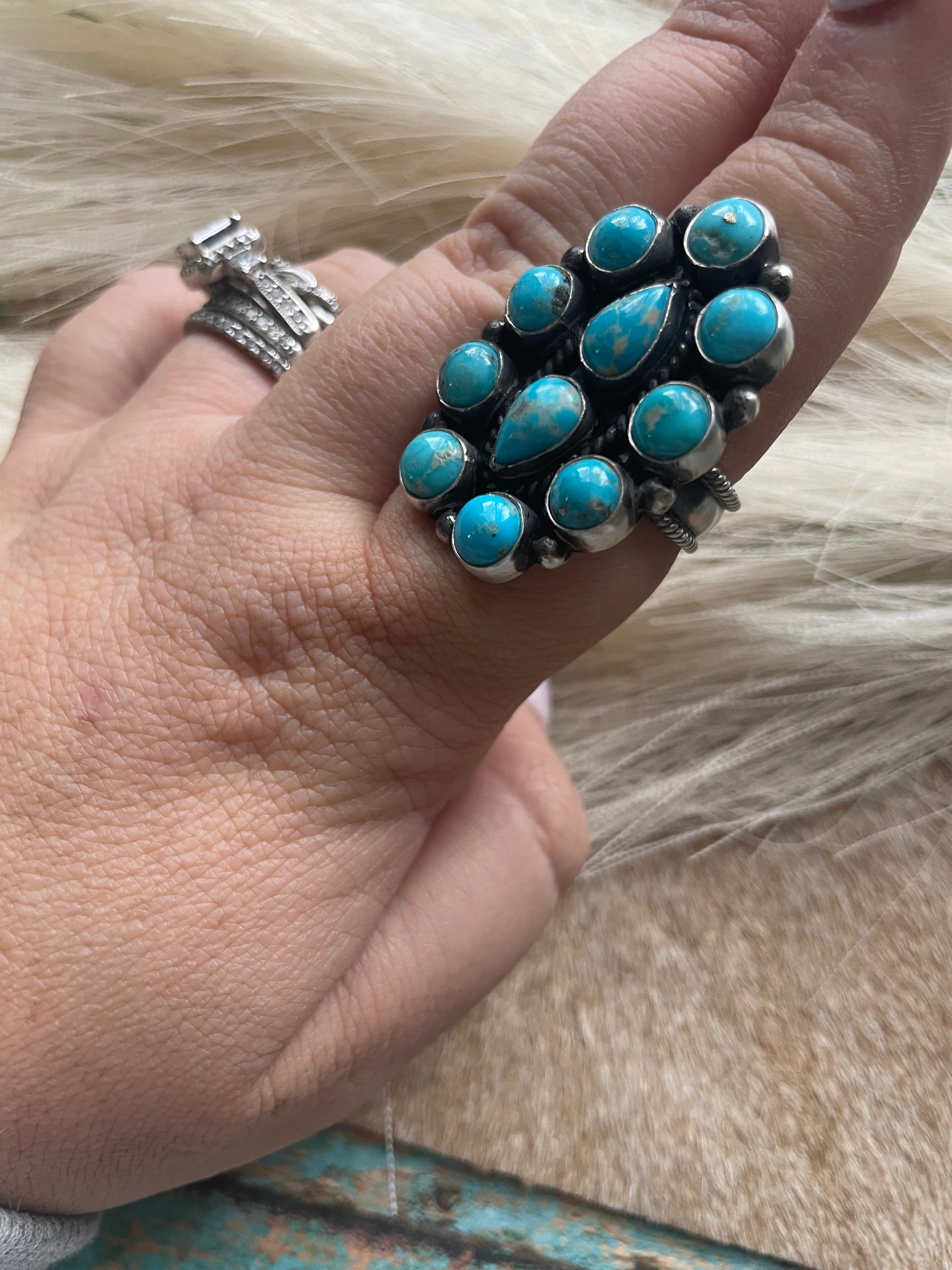 Handcrafted Sterling Silver And Turquoise Beautiful Adjustable Cluster Rings