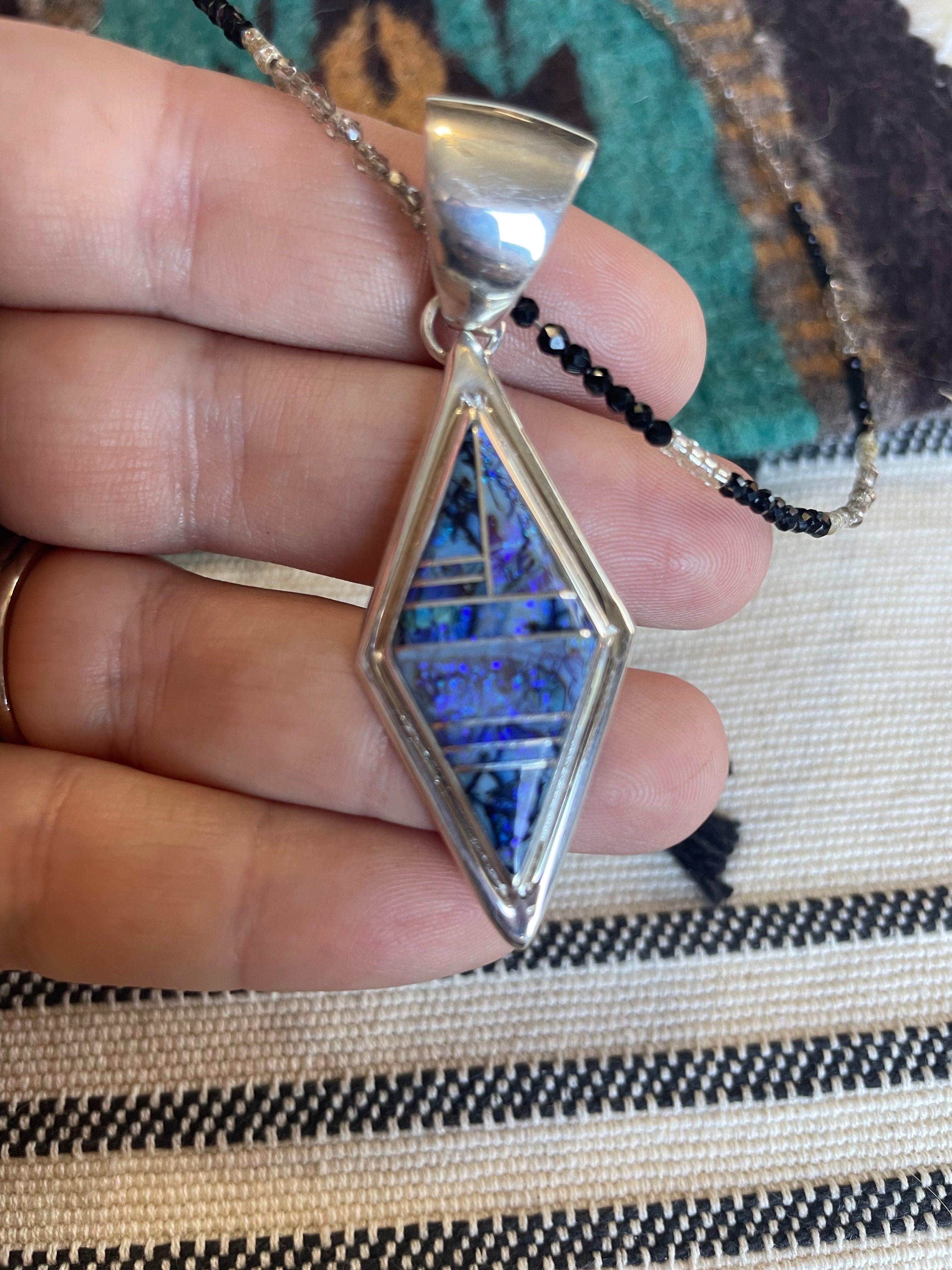 Handcrafted Sterling Silver & Blue Opal Inlay Diamond Pendant