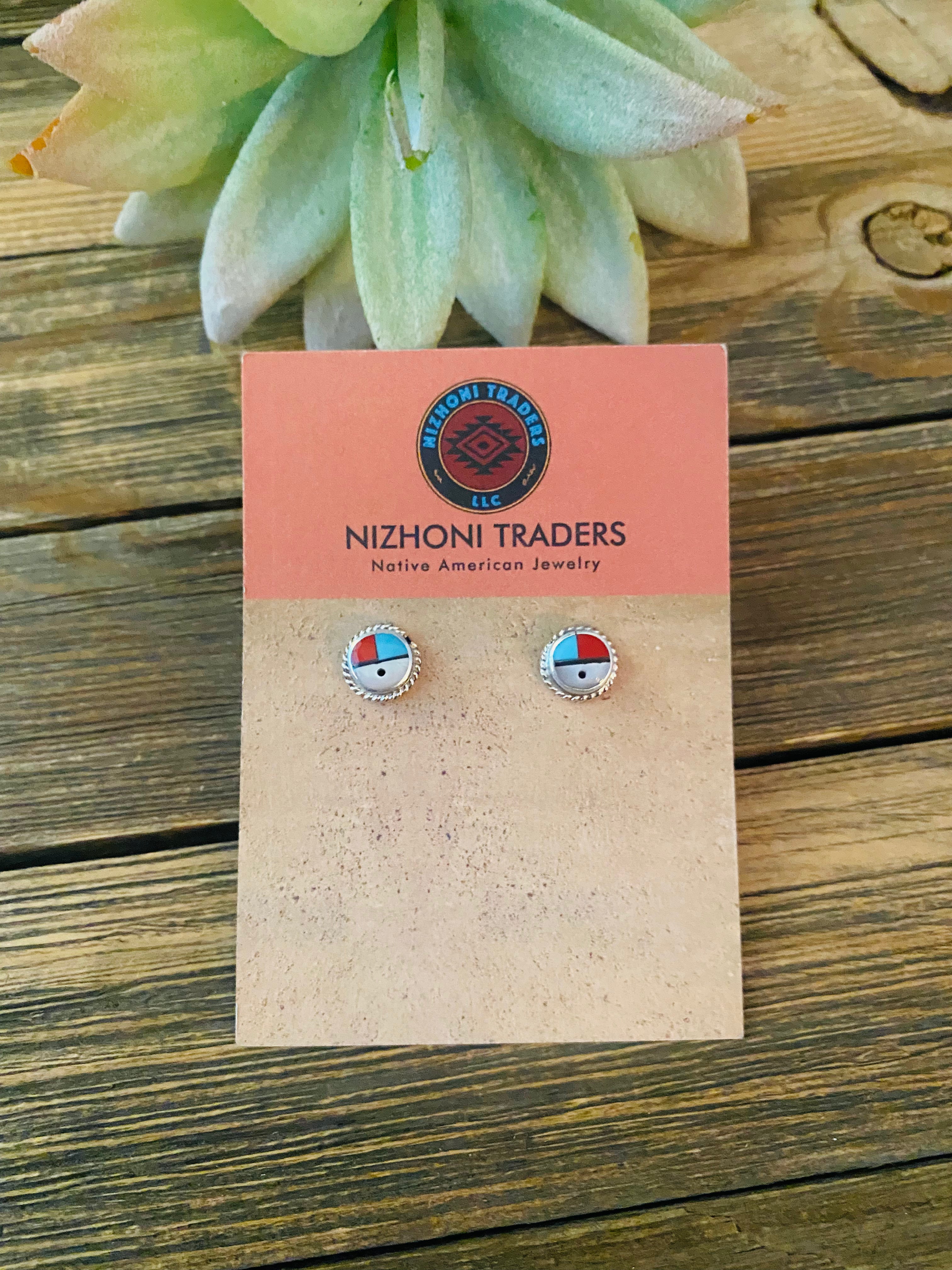 Zuni Sun Face Multi Stone And Sterling Stud Earrings