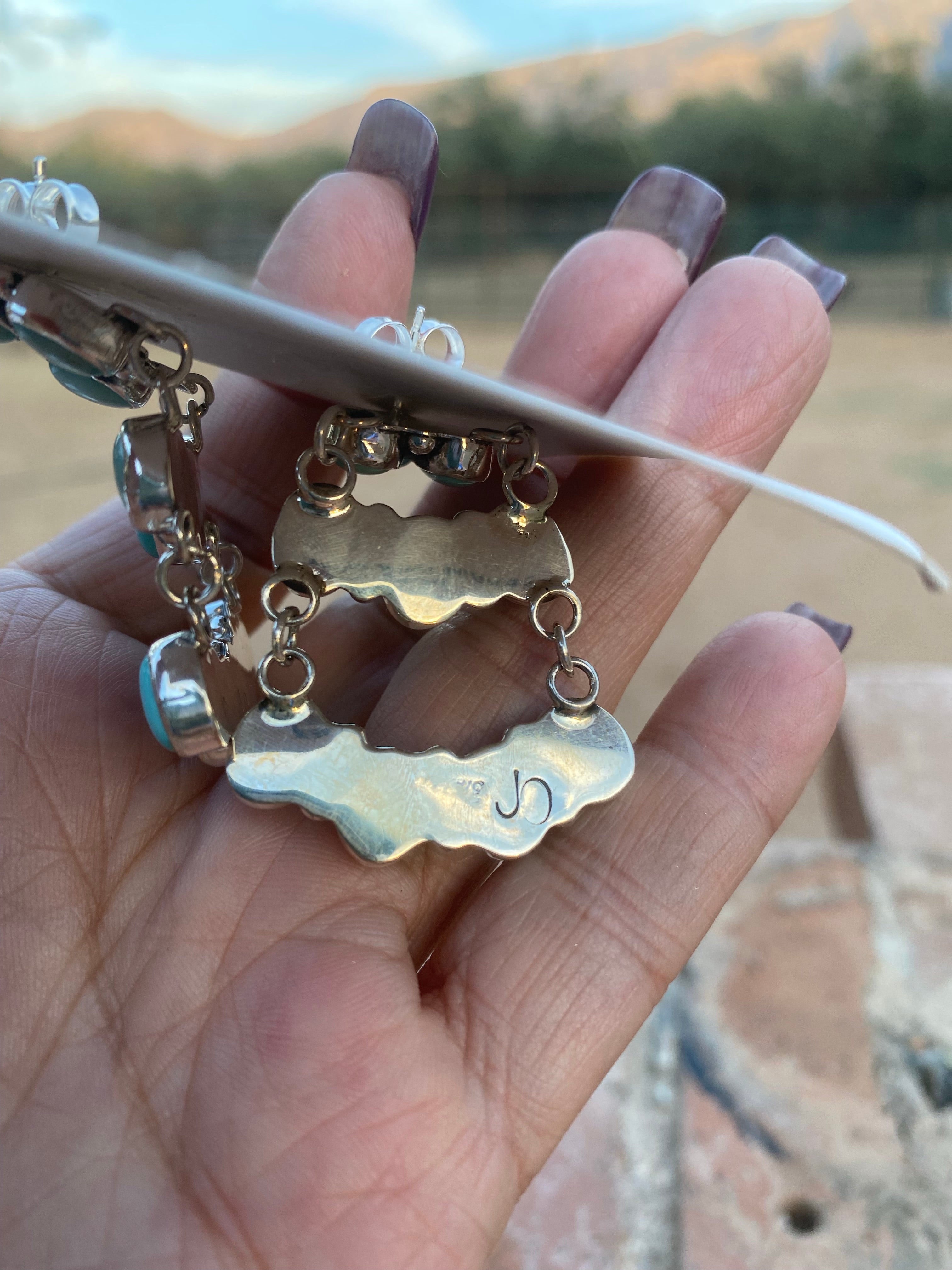 Carico Lake Turquoise & Sterling Silver Cluster Dangle Earrings Signed