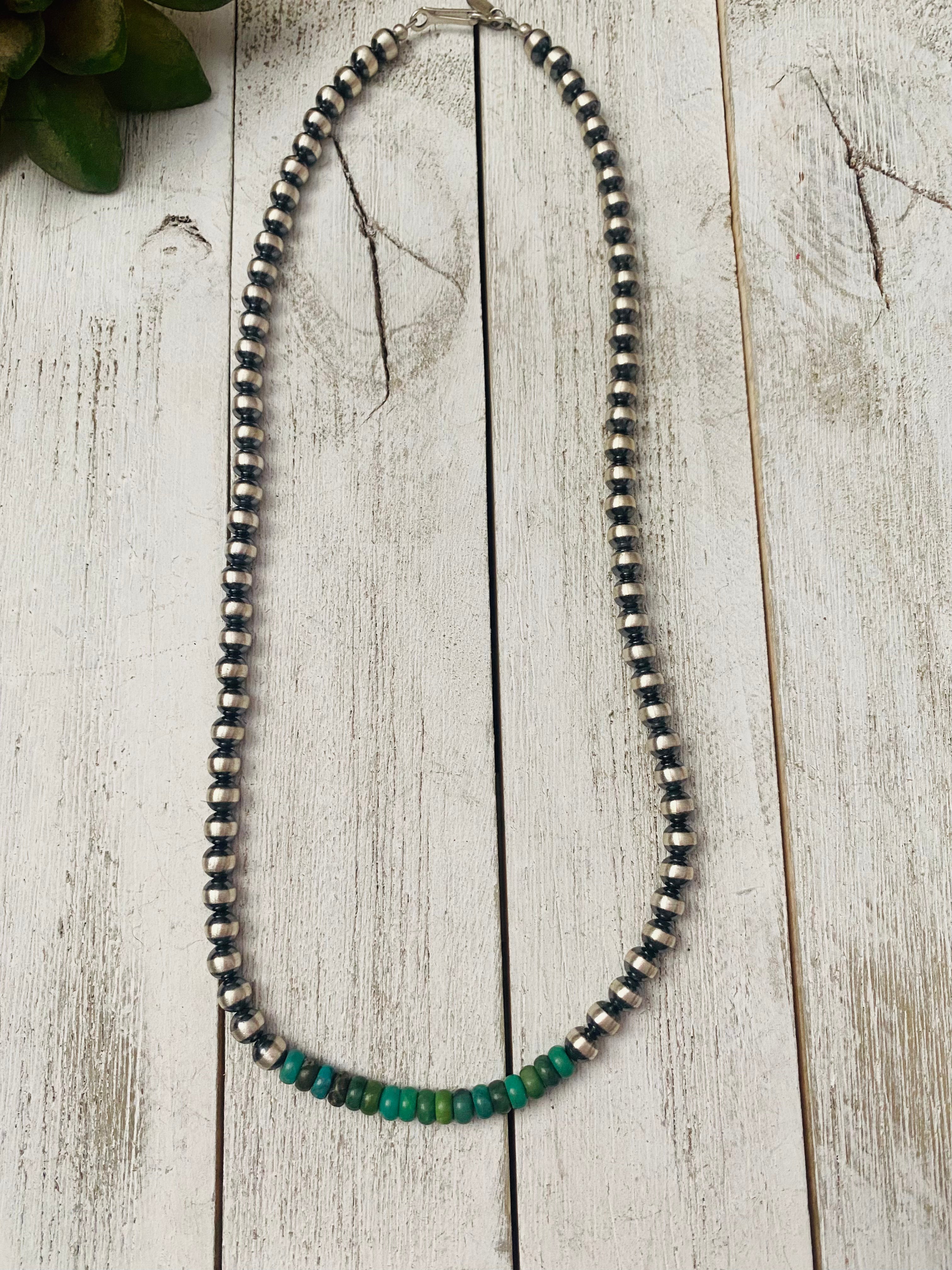 Handcrafted Turquoise & Sterling Silver Beaded Necklace 20”