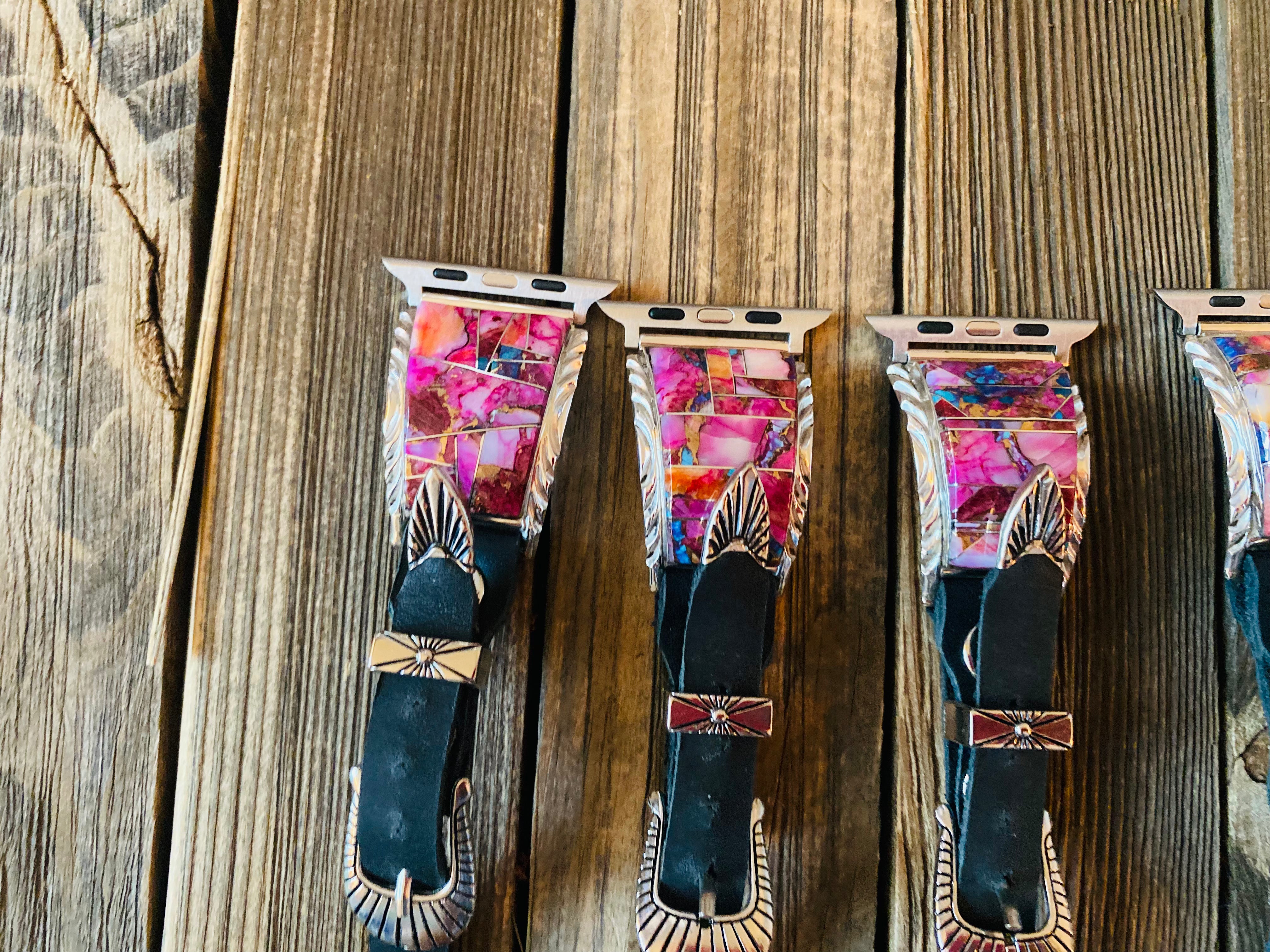 Navajo Pink Dream Mohave, Sterling Silver & Black Leather Smartphone Watch Band