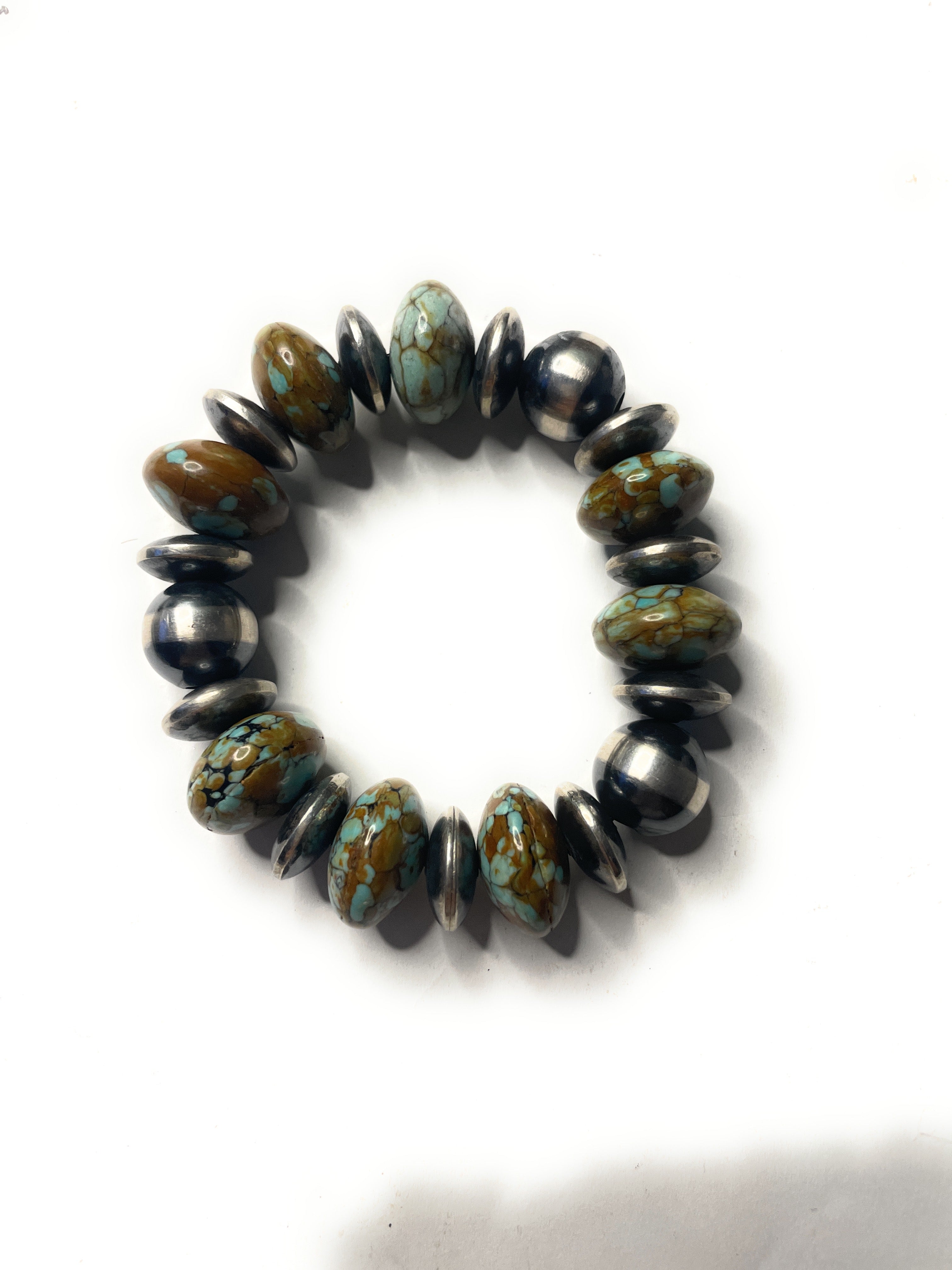 Handcrafted Sterling Silver Stretchy Natural #8 Turquoise Medium Beaded Bracelet 14 mm pearl