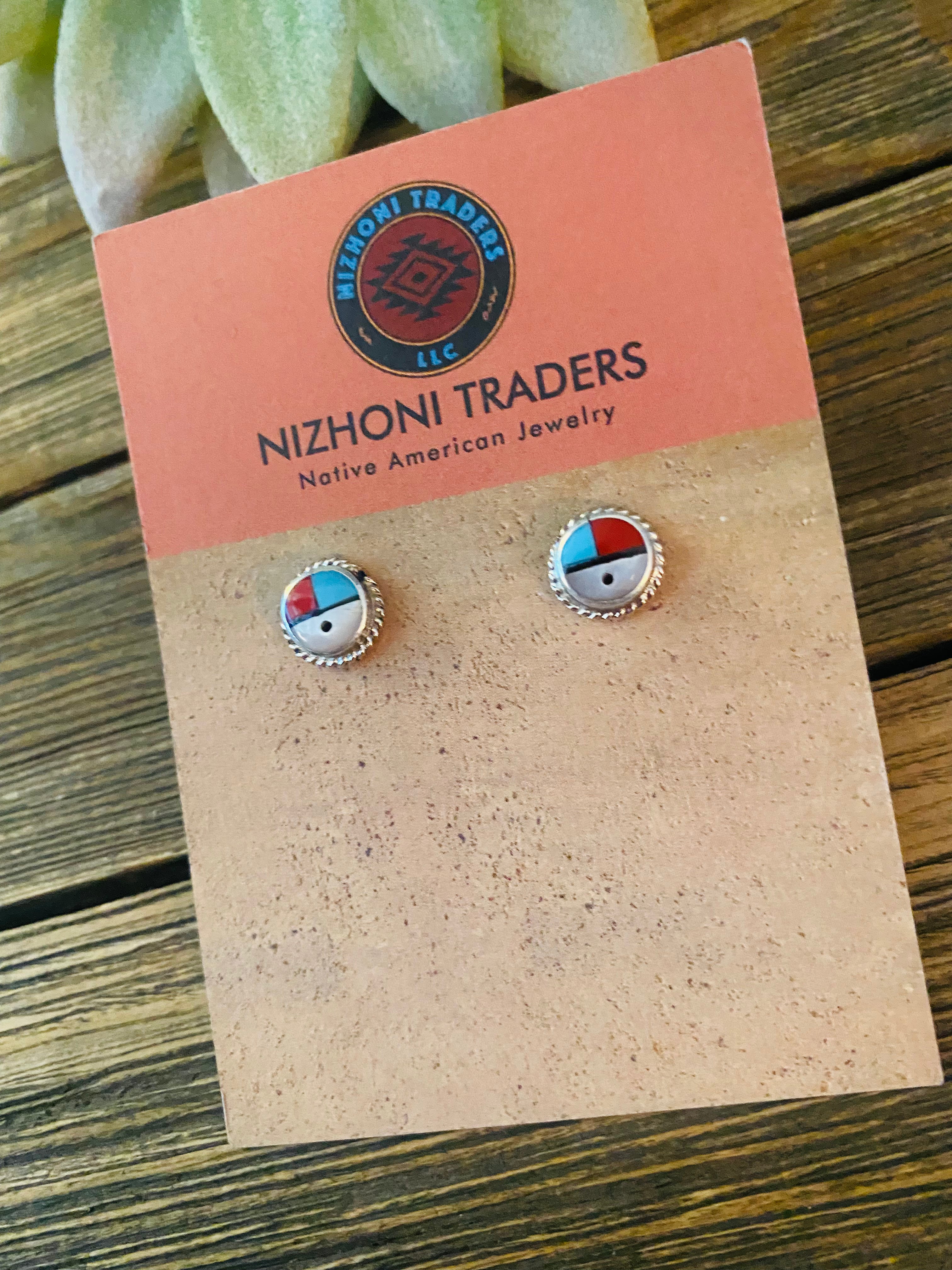 Zuni Sun Face Multi Stone And Sterling Stud Earrings