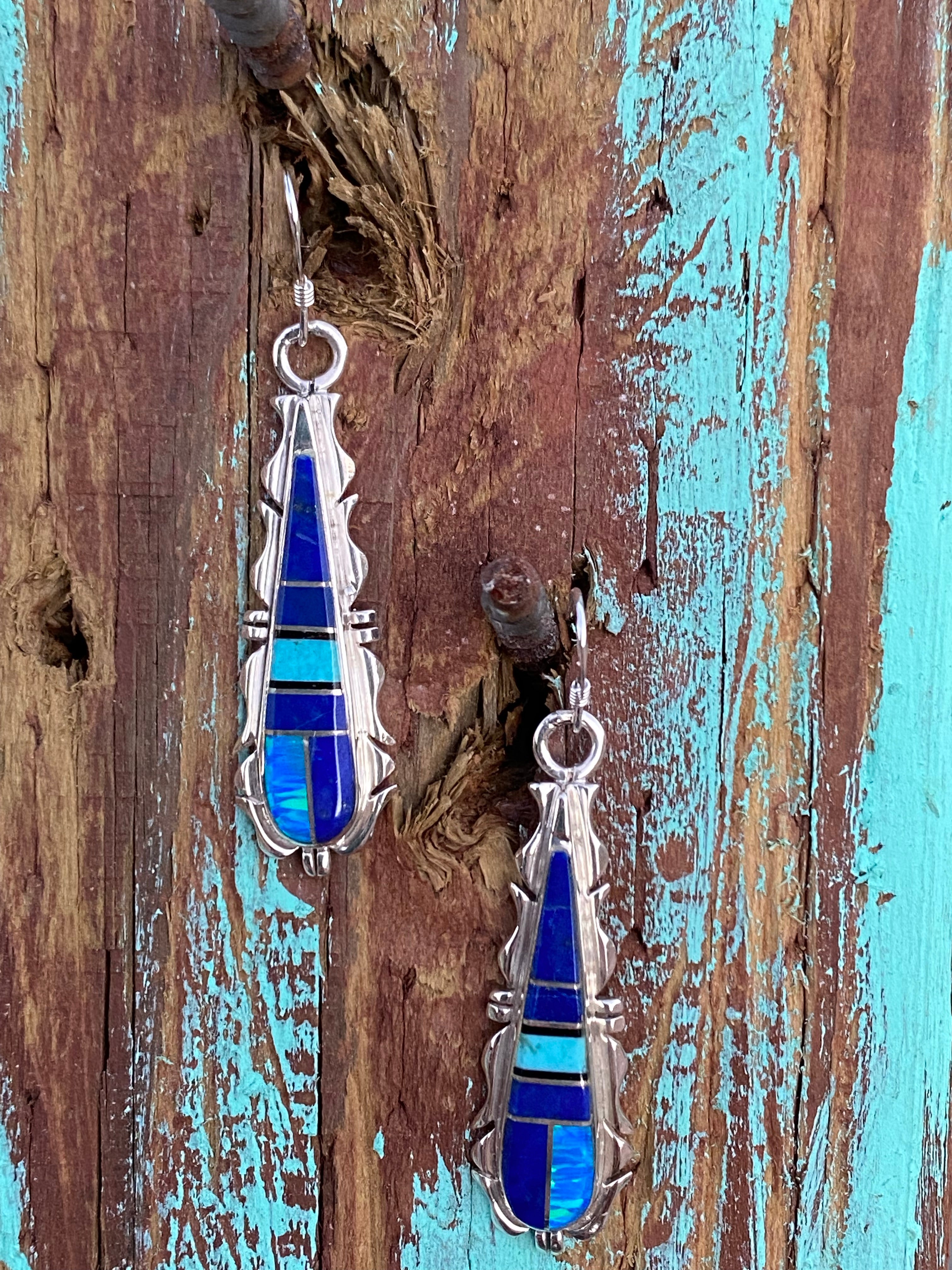 Handcrafted Lapis, Turquoise, Jagged Dangle Earrings