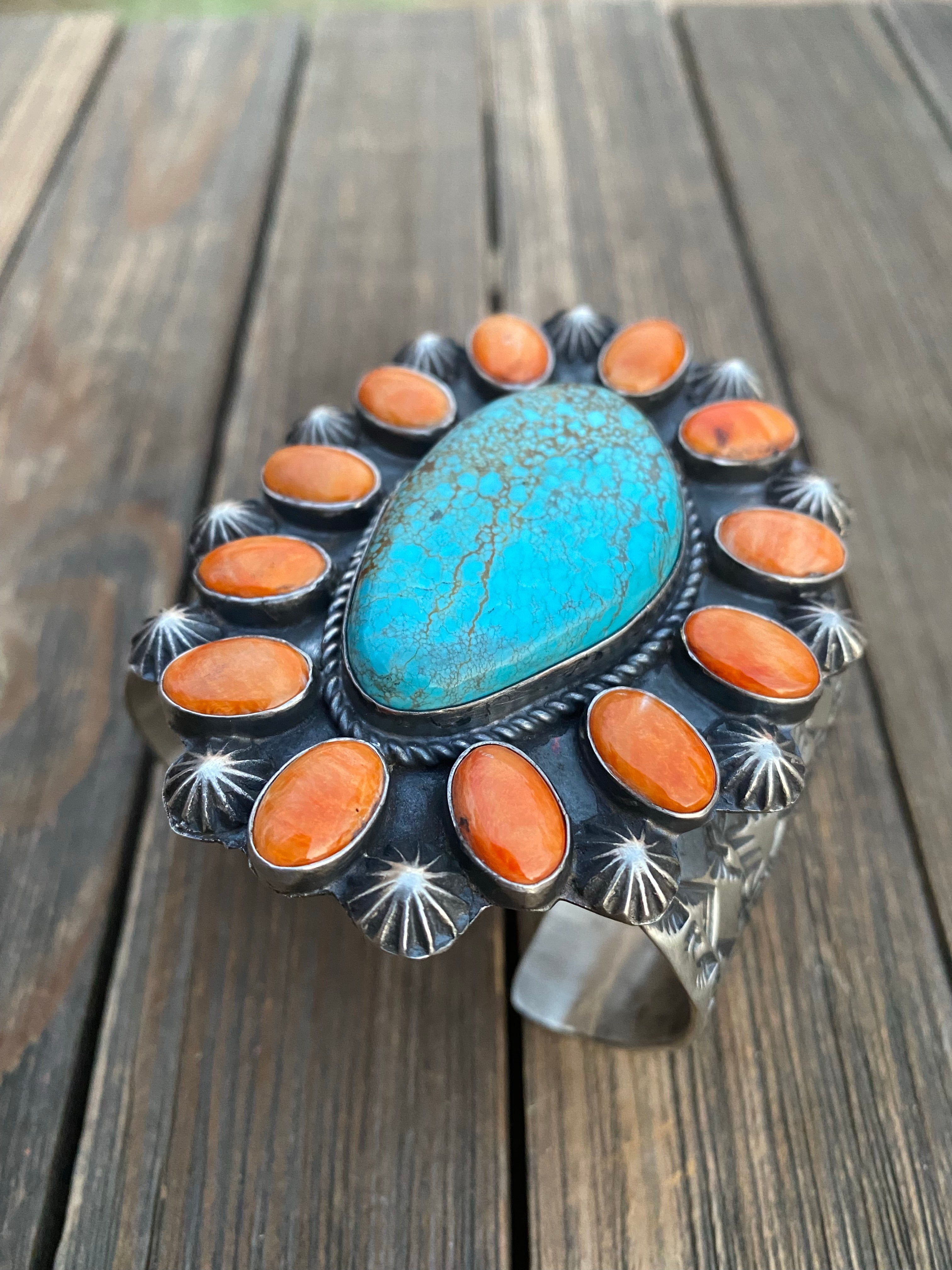 Handcrafted Kingman Turquoise & Spiny Sterling Silver Bracelet Signed /