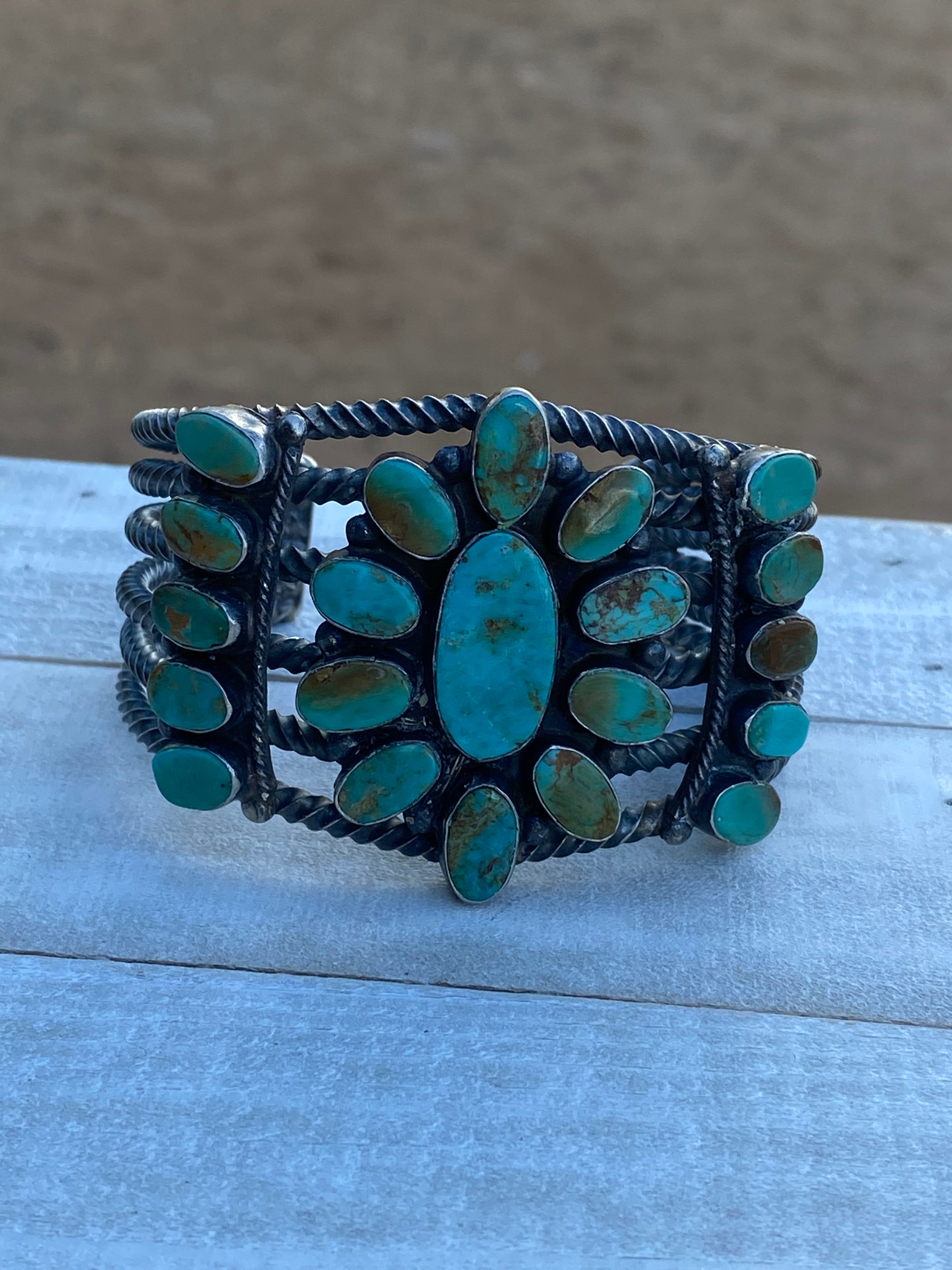 Navajo Jacqueline Silver Royston Turquoise & Sterling Cluster Cuff /
