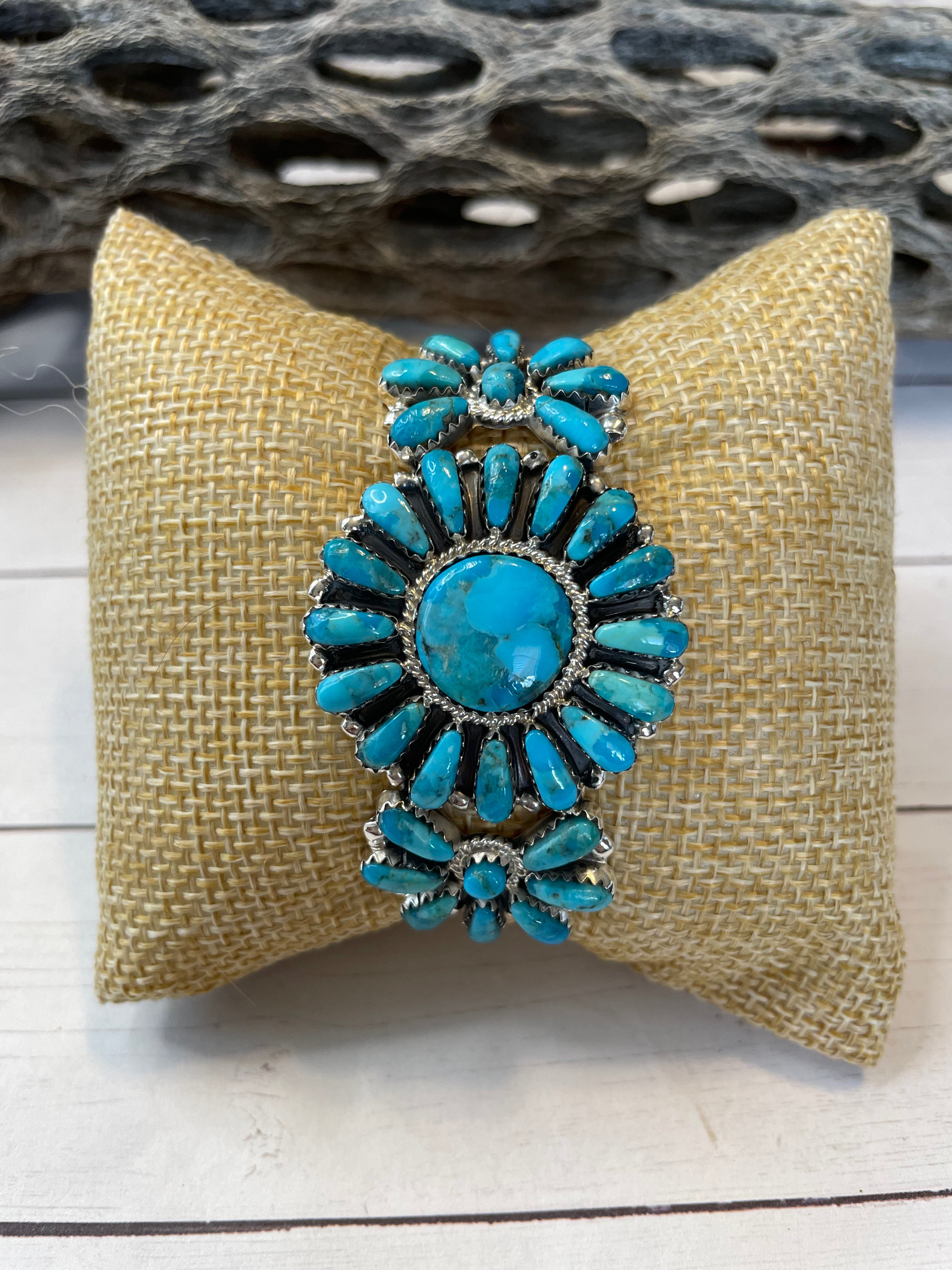 Handcrafted Sterling Silver And Kingman Turquoise Adjustable Cuff Bracelet Signed NF