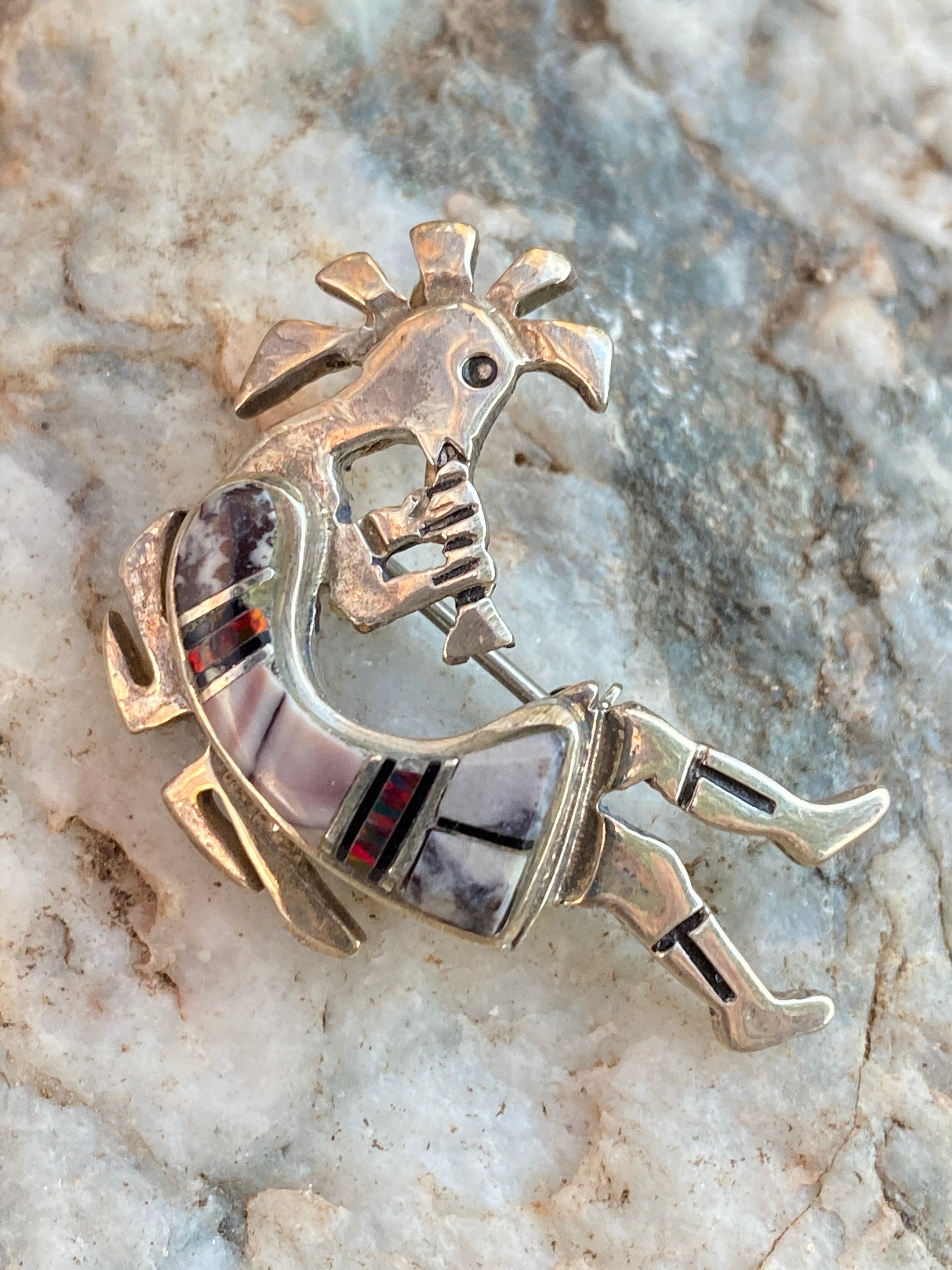 Handcrafted Onyx, Purple Spiny and Fire Opal Sterling Silver Kokopelli Pin Pendant