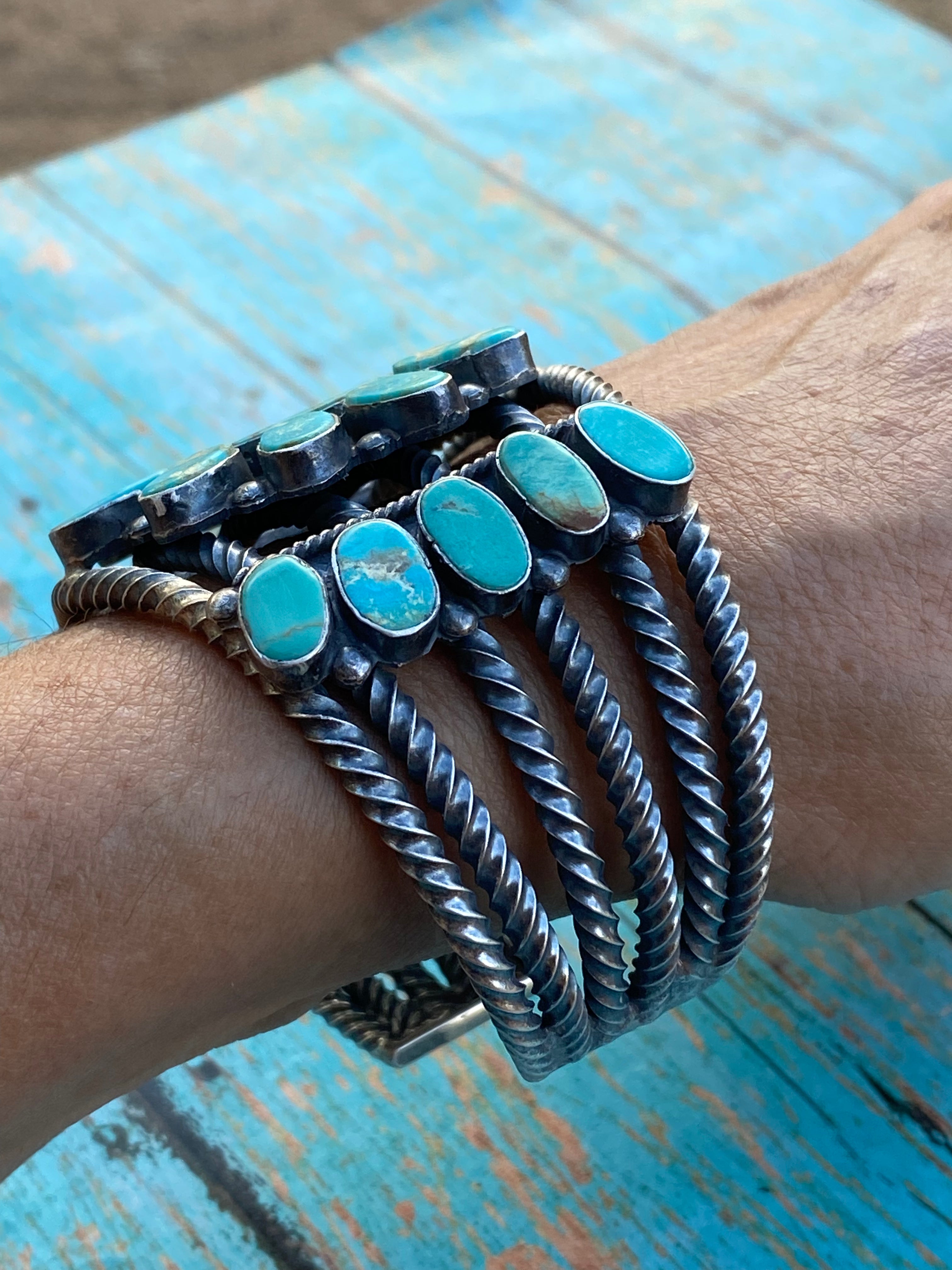 Navajo Jacqueline Silver Royston Turquoise & Sterling Cluster Cuff /