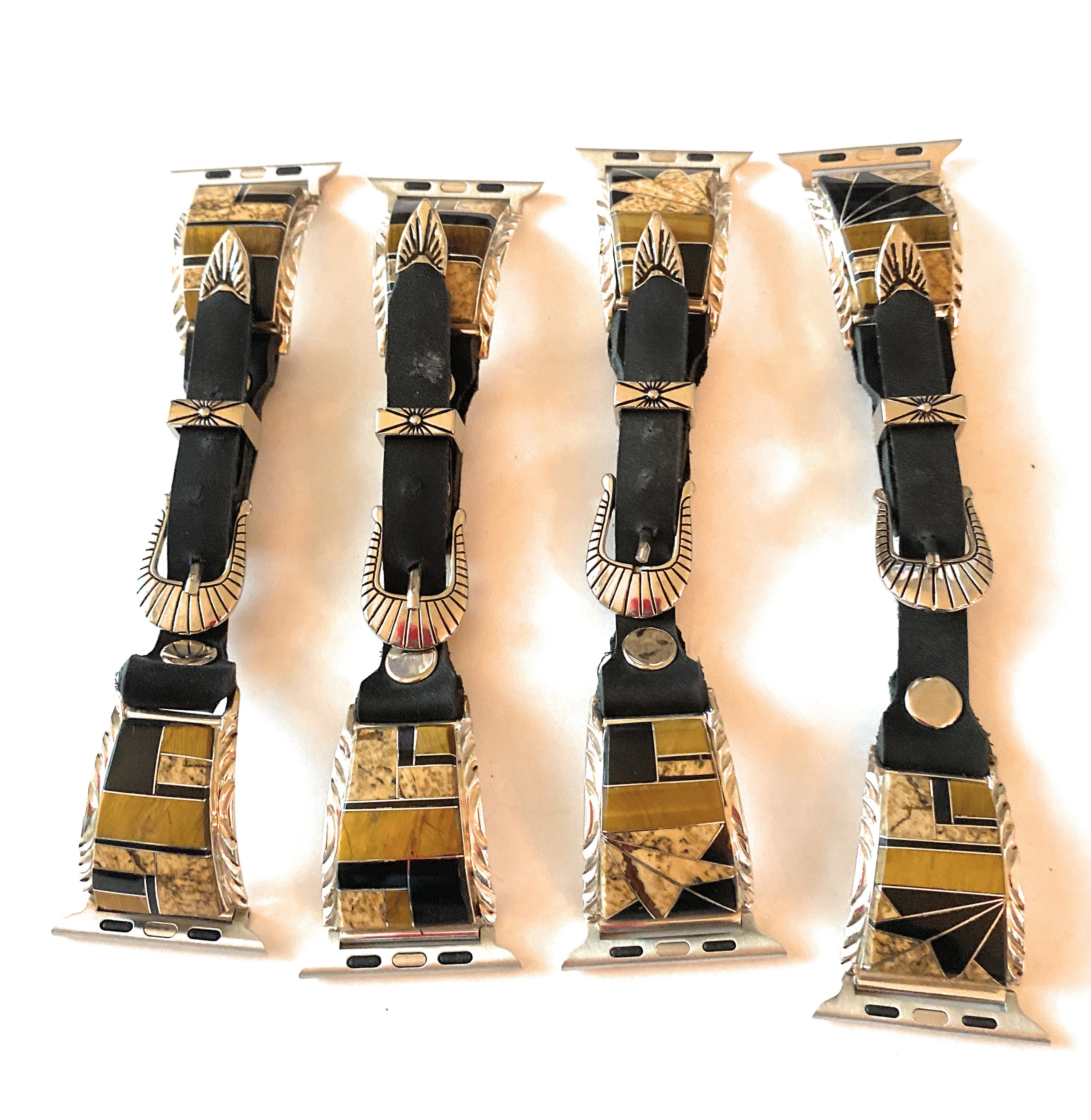 Handcrafted Multi Stone, Sterling Silver & Black Leather Smartphone Watch Band