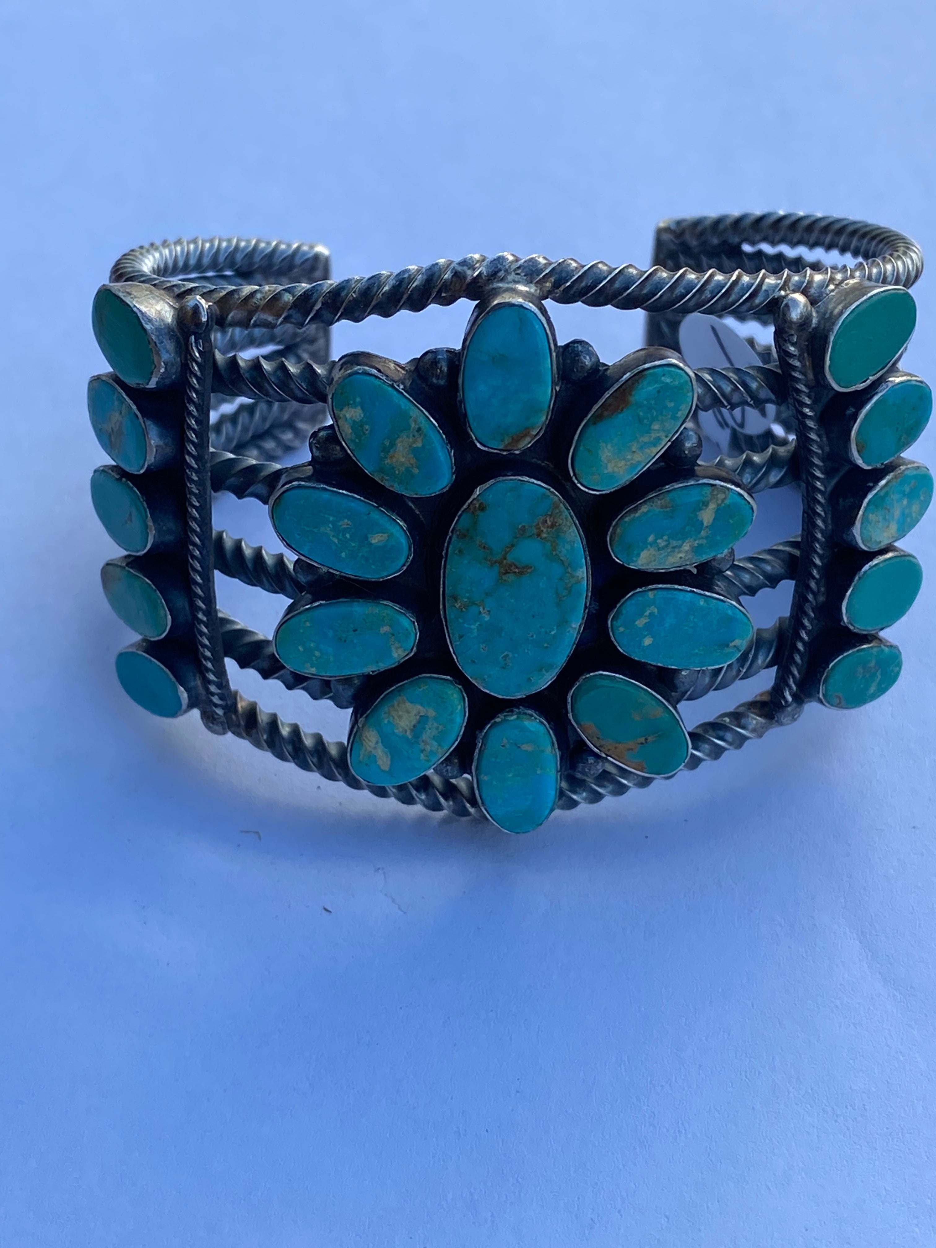 Navajo Jacqueline Silver Royston Turquoise & Sterling Cluster Cuff /
